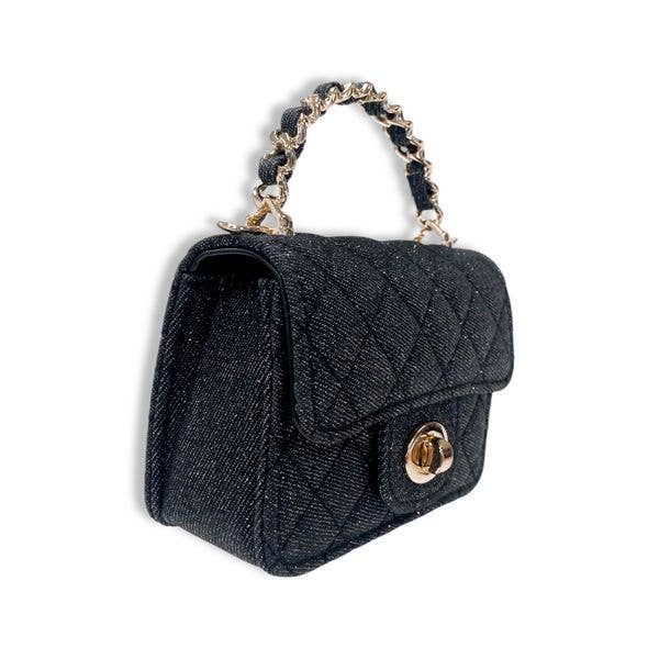 Sparkly Denim Quilted Crossbody Purse for Women - Stylish Black Evening Bag with Rhinestones, Perfect for Parties, Date Nights & Special Occasions