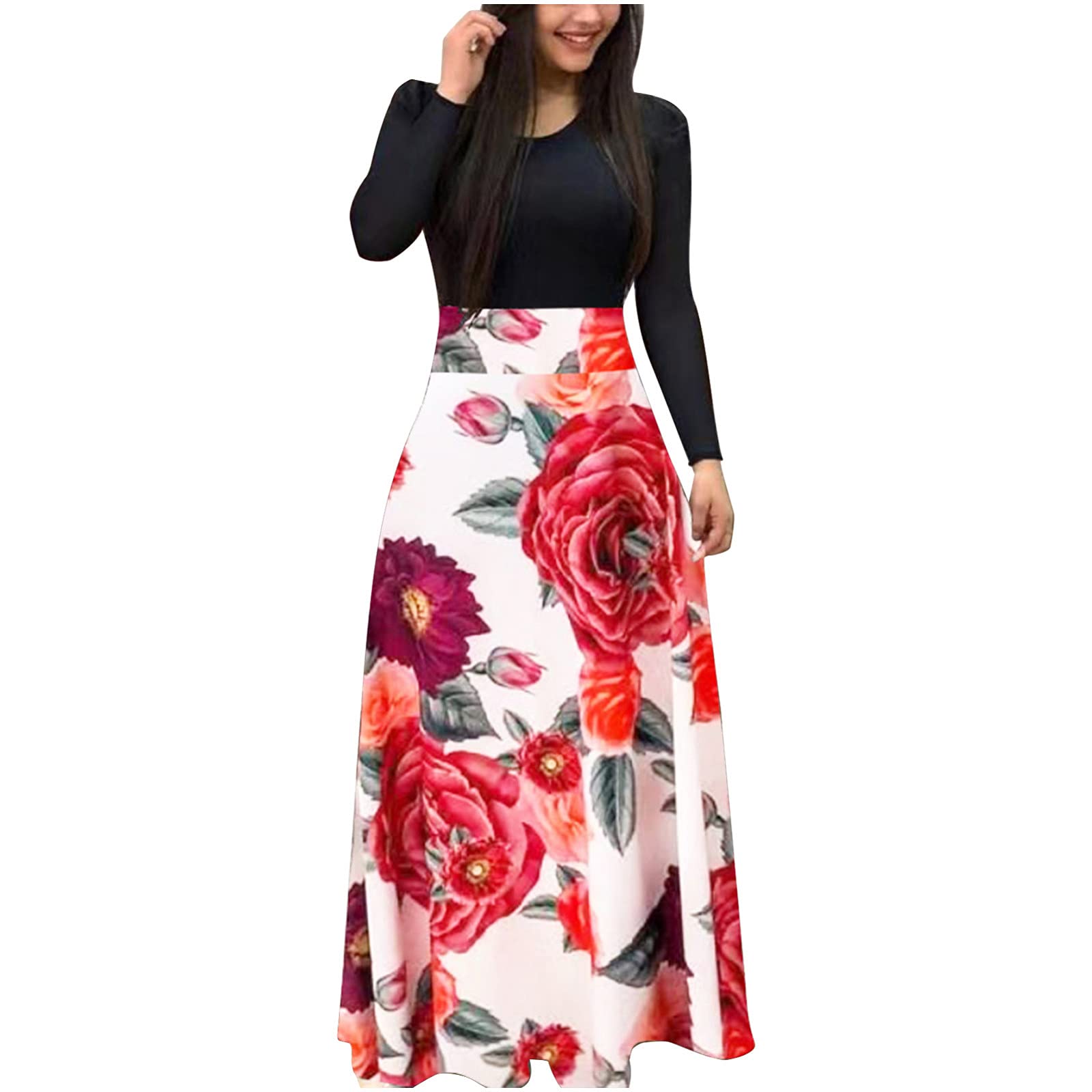 Women's Plus Size Maxi Dress with Turtleneck & Long Sleeves - Floral Print Empire Waist Tie Casual Long Dress for Fall/Winter - Perfect for Office, Date Night & Holiday Parties
