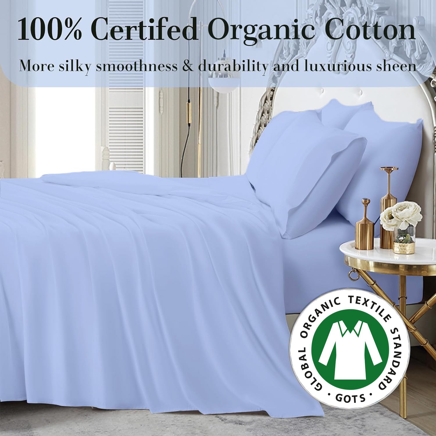 4-Piece Emperor Size Sheet Set - 100% Organic Cotton, 800 Thread Count, Soft & Breathable Luxury Bedding with 8-12