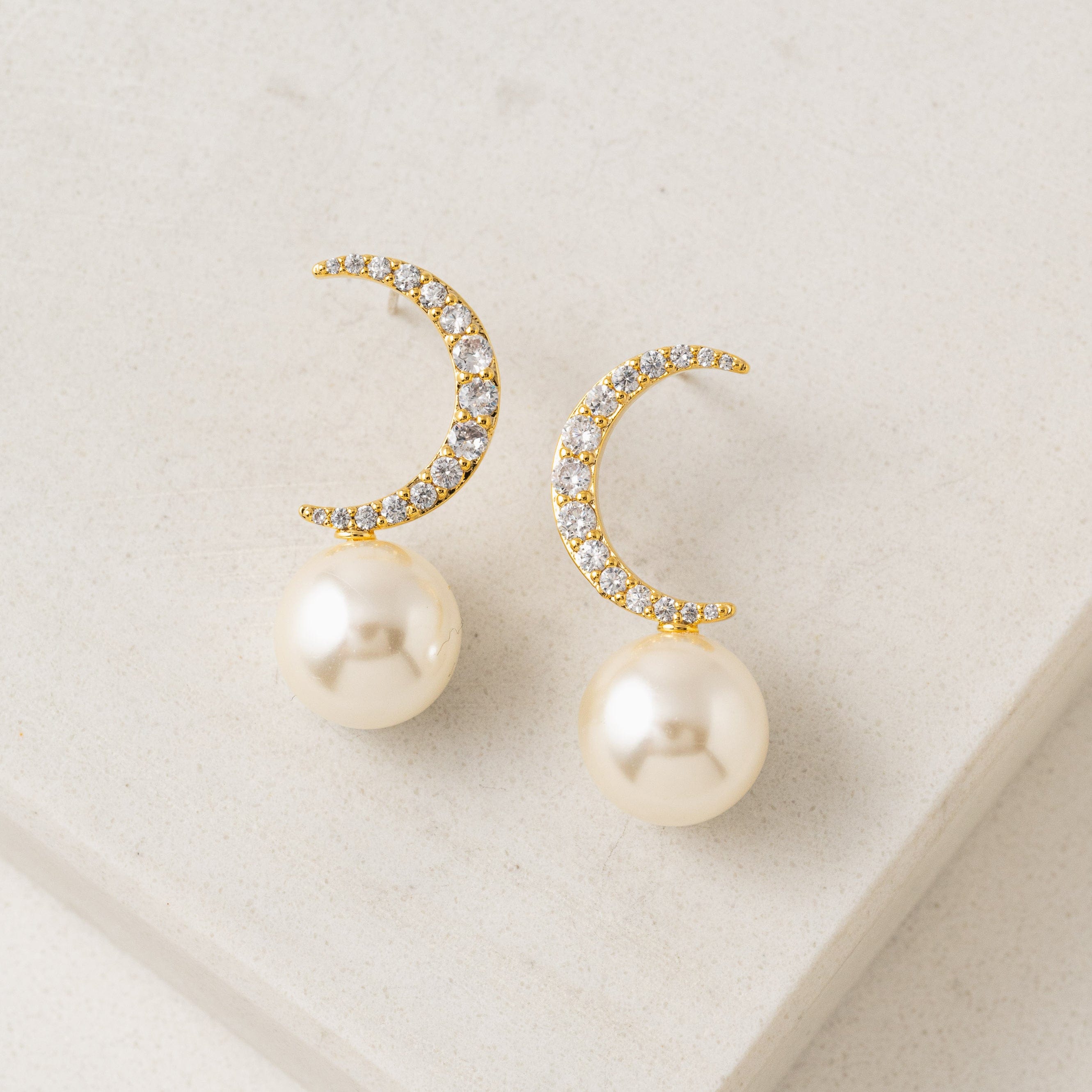 Lune Moon Pearl Stud Earrings for Women - 14K Gold Plated Hypoallergenic Earrings - Elegant Pearl Jewelry Gift for Birthday, Anniversary & Wedding
