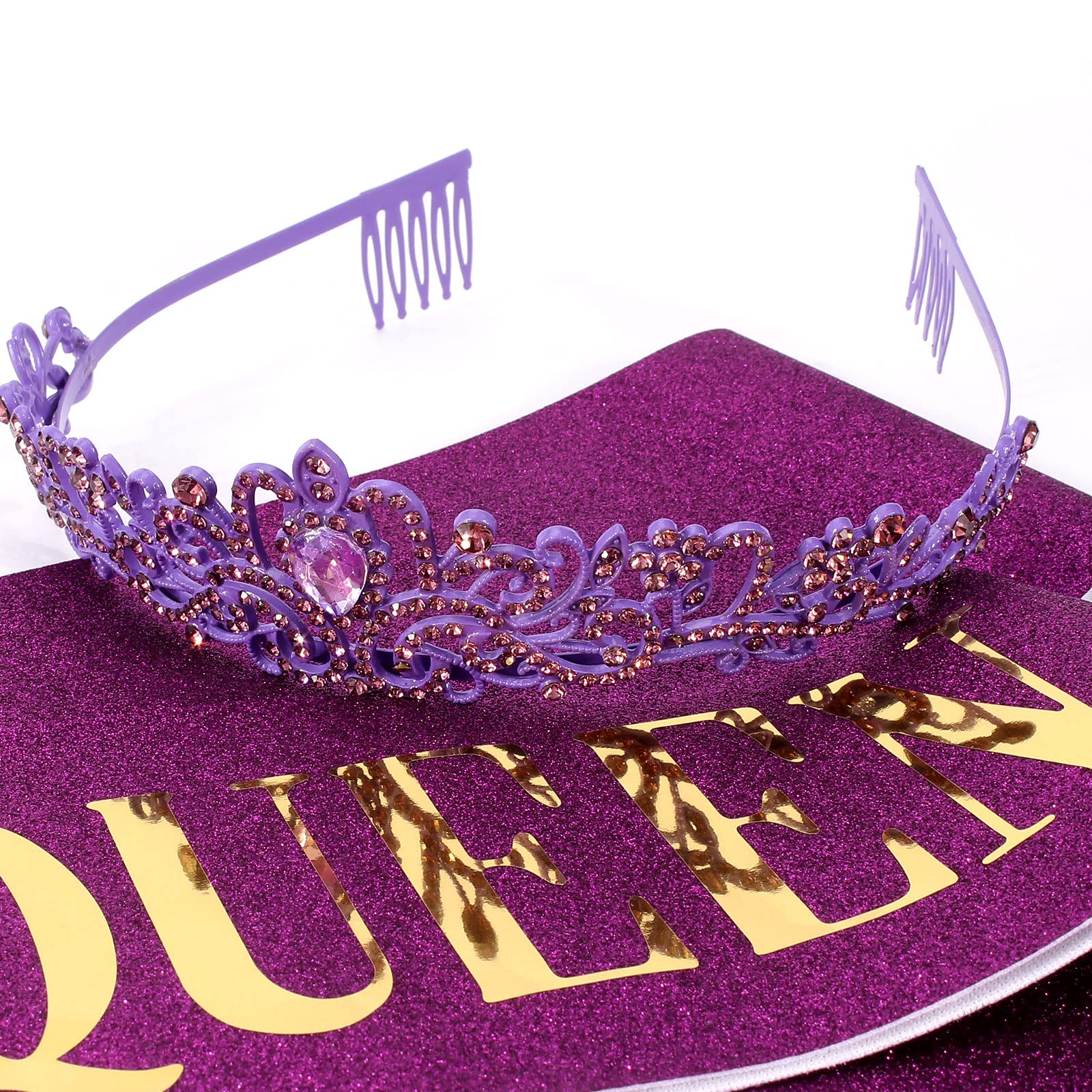CIEHER Purple Birthday Sash & Queen Crown Kit - Elegant Purple Tiara & Crown for Women & Girls - Perfect for Birthday Parties, Quinceañeras, Bachelorette & Royal Themed Events