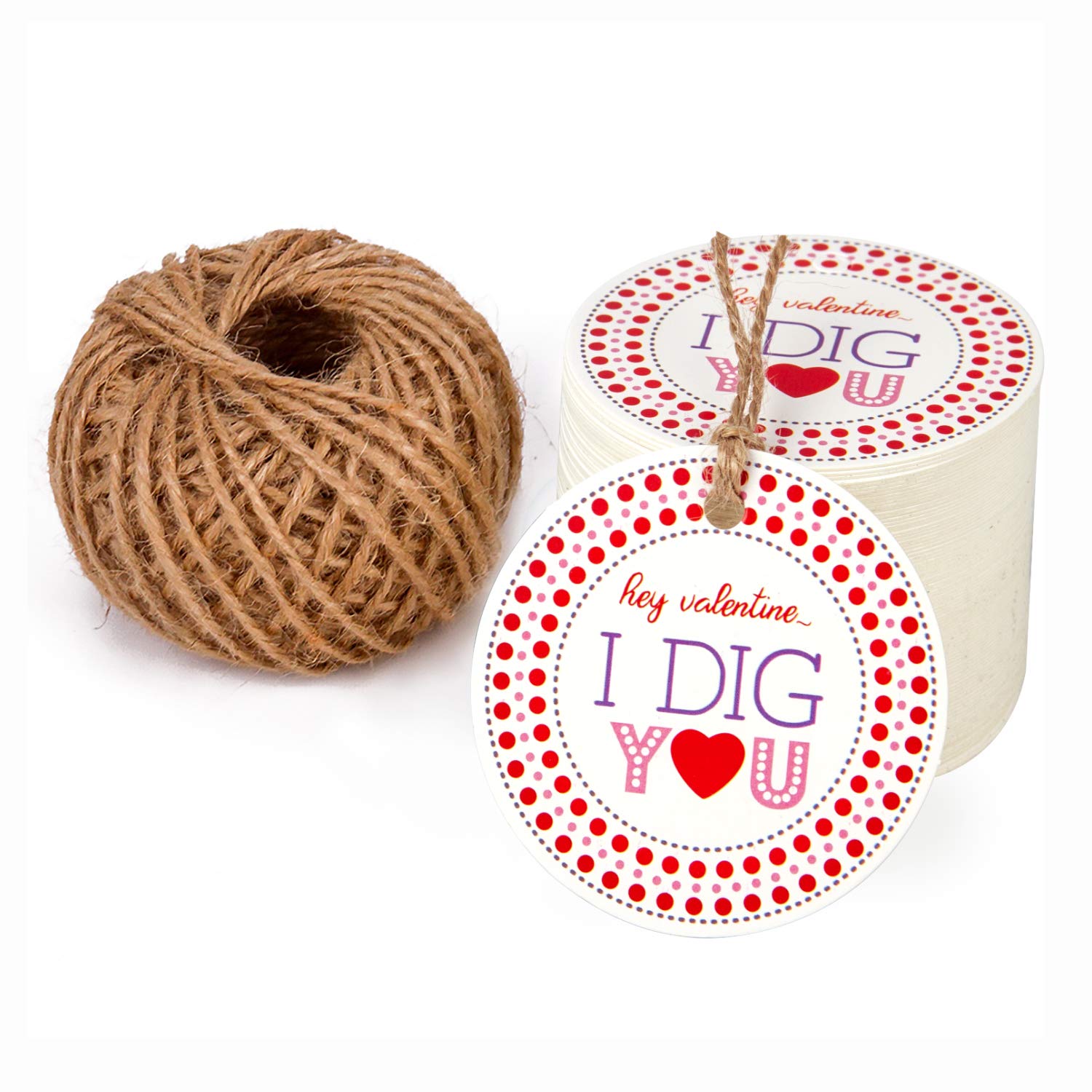 100PCS Valentine's Day Gift Tags with String - 'I DIG You' Paper Tags & 100 Feet Natural Jute Twine for Valentine's Gifts, Party Favors, Wedding Decorations - Perfect for DIY Crafts, Gift Wrapping & Special Occasions
