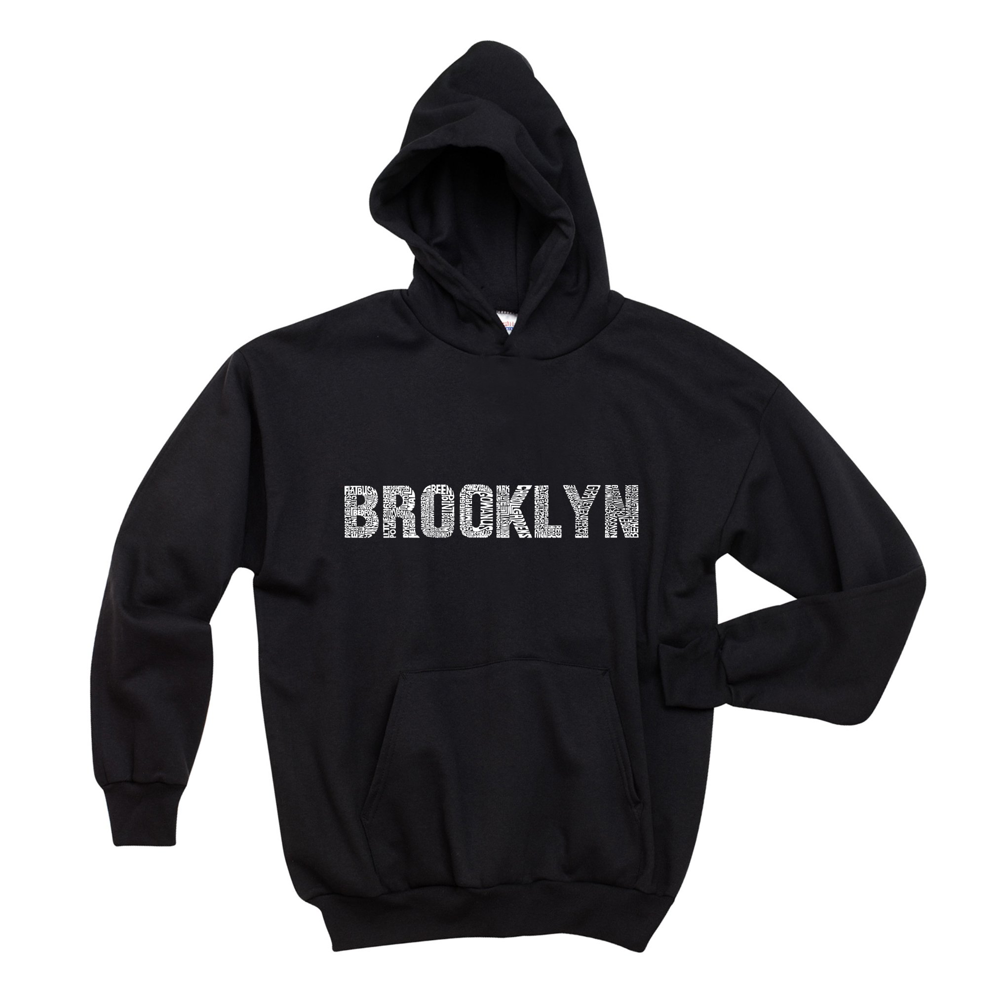 LA POP ART Women's Word Art Hooded Sweatshirt - Brooklyn Neighborhoods Graphic Pullover | Trendy Streetwear for Casual Outings & Urban Fashion