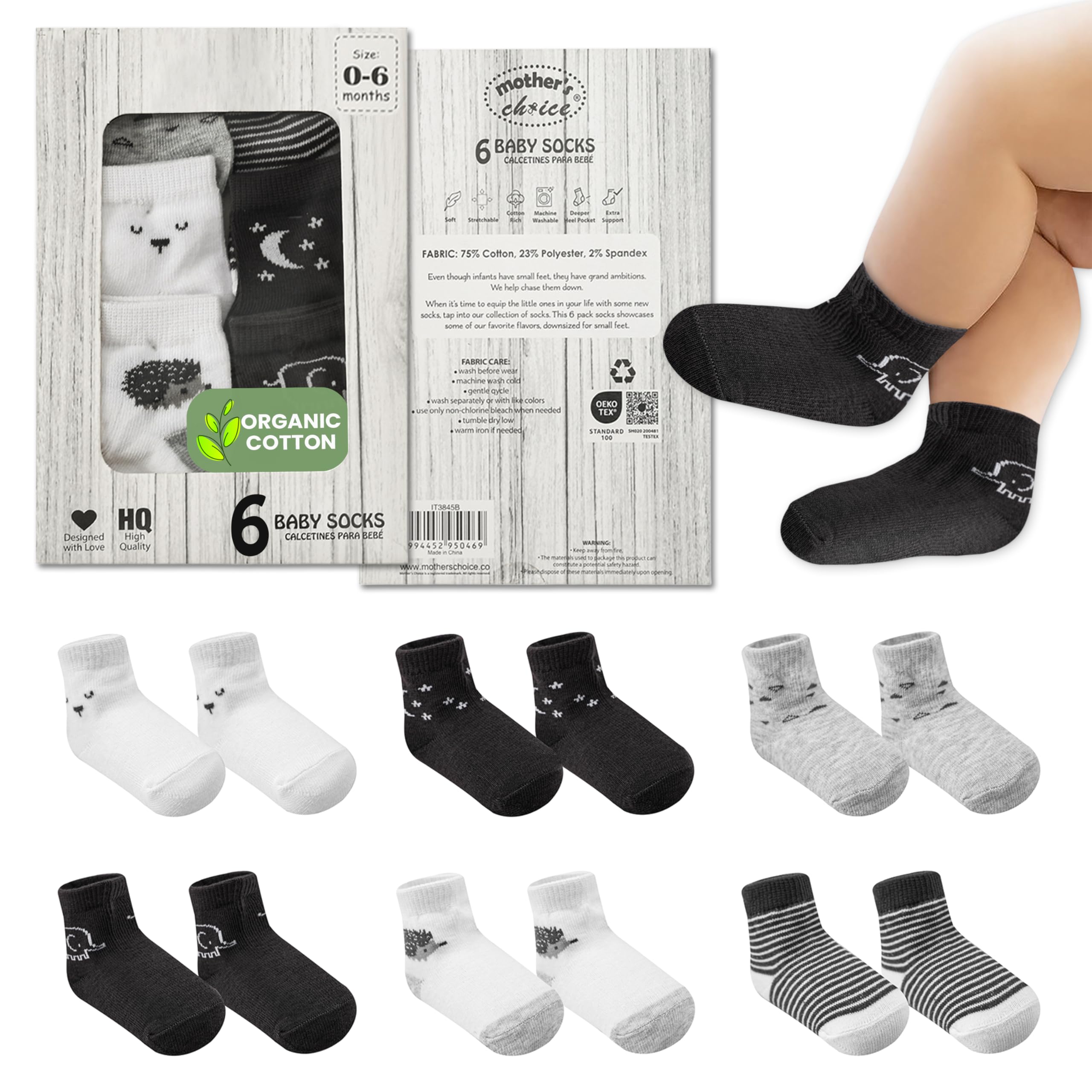 Mother's Choice Organic Cotton Baby Socks - 6 Pairs Soft Hypoallergenic Newborn Socks for 0-6 Months | Unisex Infant Socks for Baby Boys & Girls | Perfect Gift for Showers, Birthdays & Everyday Comfort
