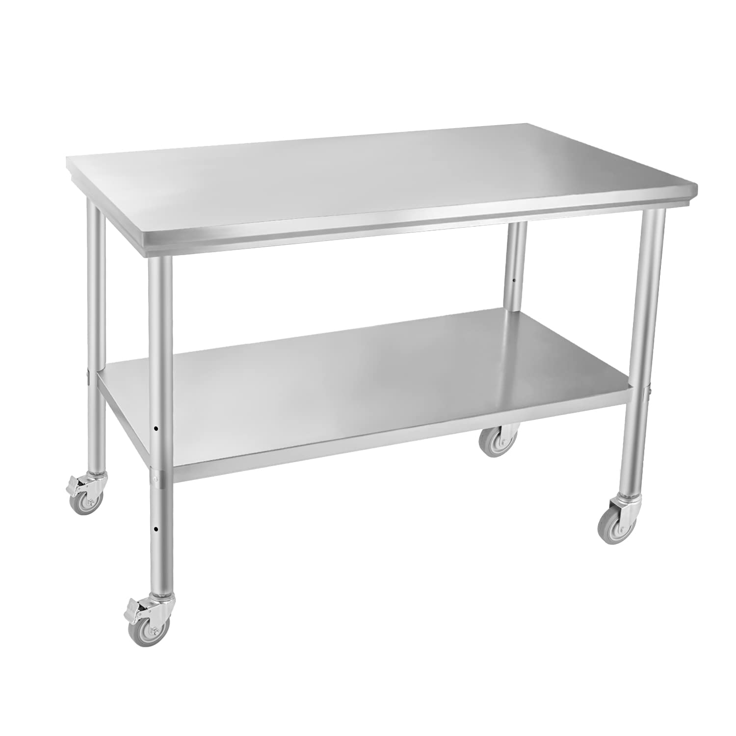 Heavy Duty Stainless Steel Two-Tier Work Table 48x24x34 Inch - Adjustable Height with Caster Wheels for Home, Hotel, Commercial Kitchen & Restaurant Use - Perfect for Food Prep, Catering & Industrial Workspaces