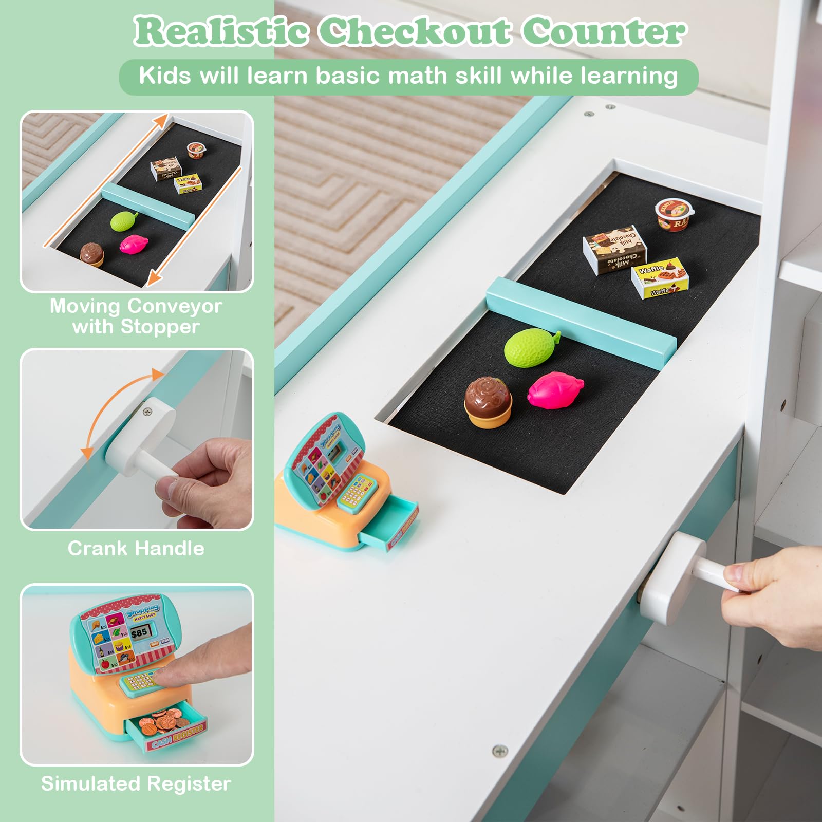 HONEY JOY Kids Wooden Grocery Store Playset with Cash Register & Working Conveyor Belt - Pretend Play Supermarket Toy with Checkout Counter, Lights & Food Accessories - Educational Role Play for Toddler Boys & Girls (White) - Perfect for Home, Classroom & Daycare Pretend Play Activities