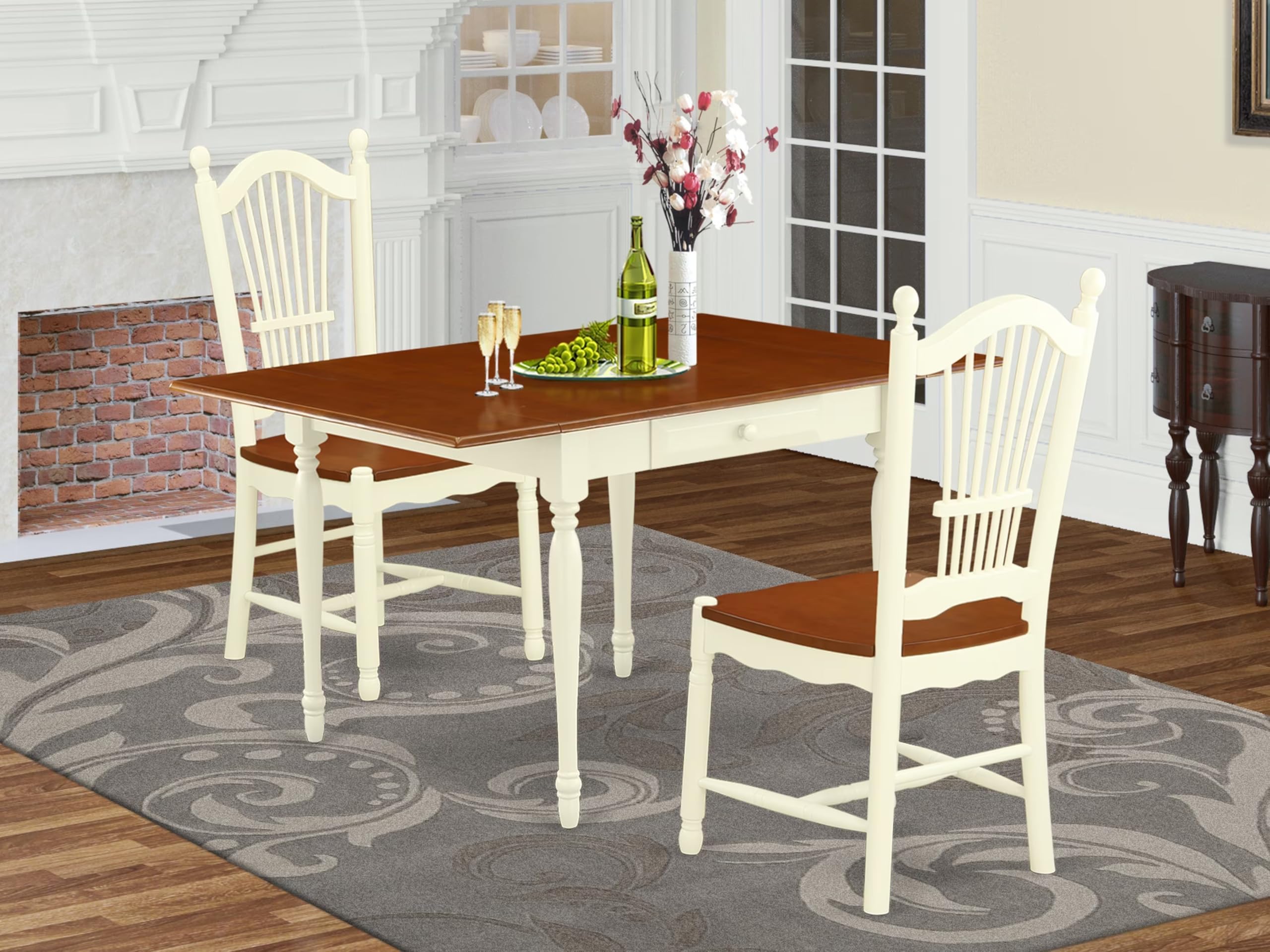 East West Furniture MZDO3-WHI-W 3-Piece Dining Set - 36x54 Inch Rectangle Drop Leaf Table & 2 Wooden Chairs in Buttermilk & Cherry - Perfect for Small Spaces, Breakfast Nooks & Cozy Apartments