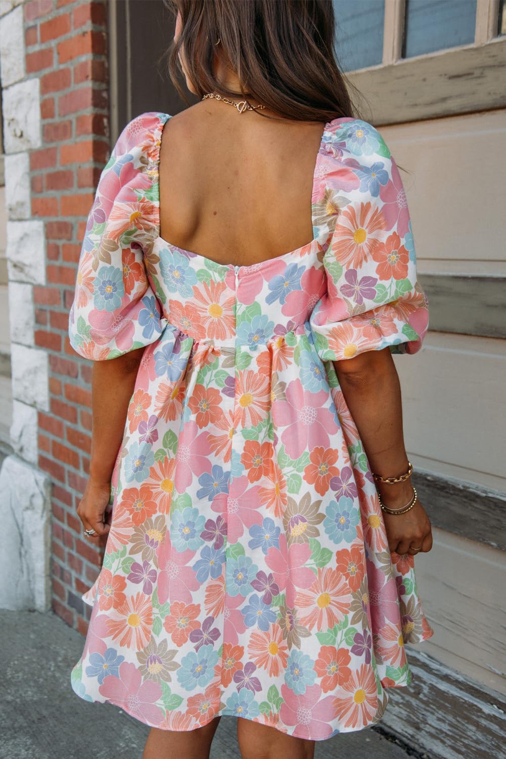 Women's Pink Floral Square Neck Puff Sleeve Babydoll Dress - Summer Casual Mini Dress for Beach, Party & Date Night