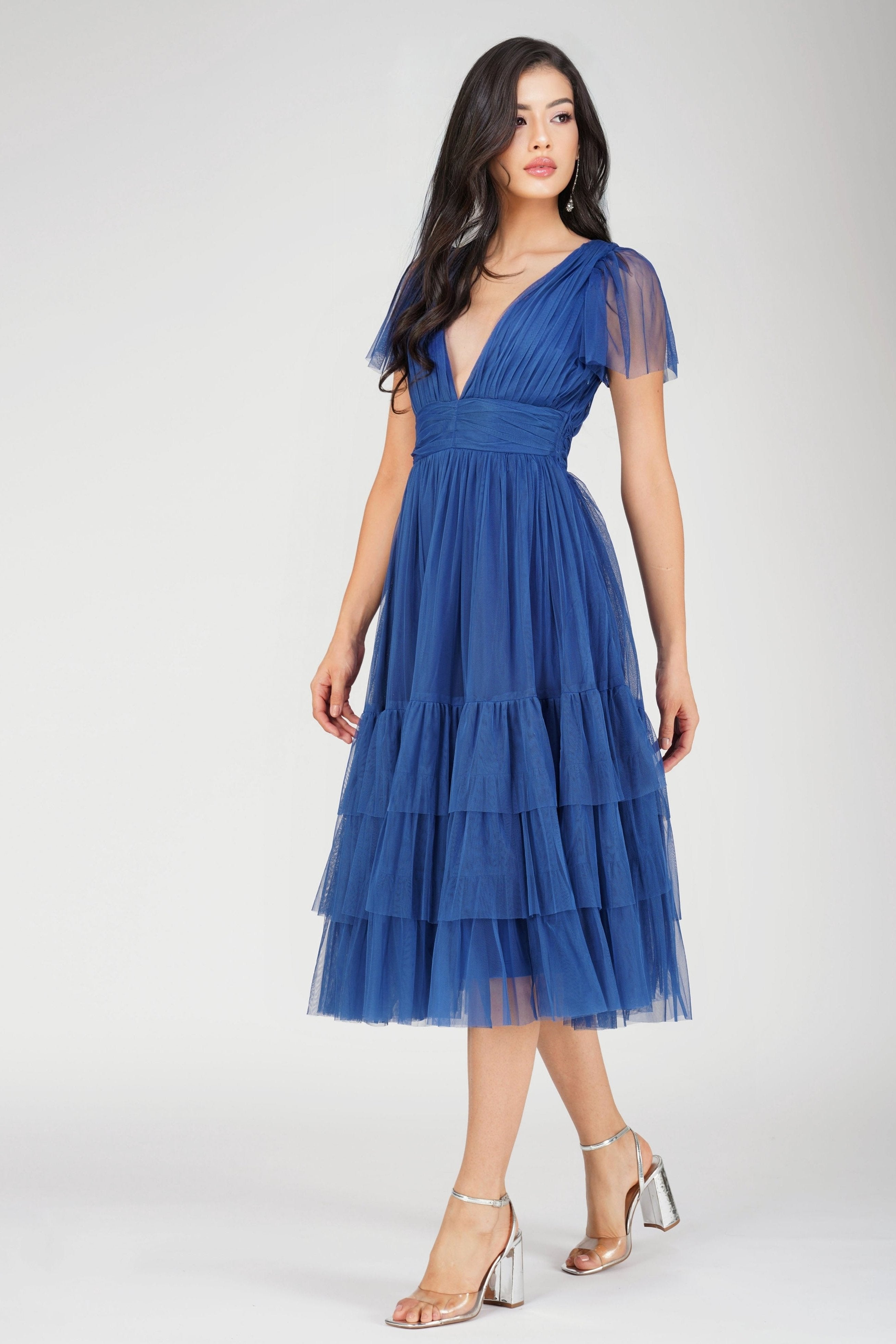 Madison Cobalt Blue Tulle Bridesmaid Midi Dress - Elegant Formal Gown for Weddings, Prom & Special Occasions
