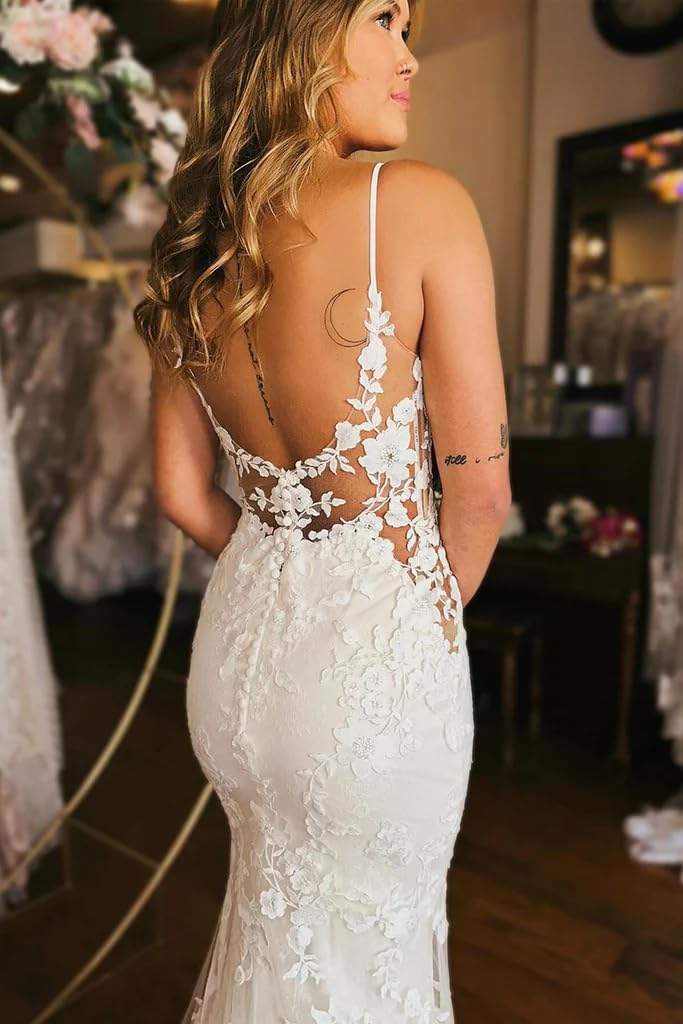 Elegant Tulle Wedding Dress with Applique - Spaghetti Strap Mermaid Bridal Gown V-Neck Formal Gown for Bride | Perfect for Beach Weddings, Church Ceremonies, and Romantic Photoshoots