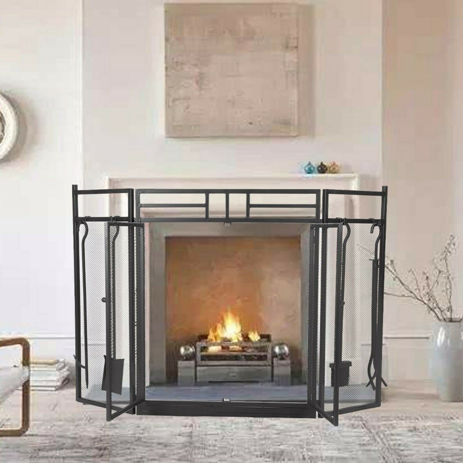 **Forged Steel Fireplace Screen - Decorative & Flat Fire Screen for Safe Household Use - Perfect for Living Rooms, Bedrooms, and Fireplace Safety**