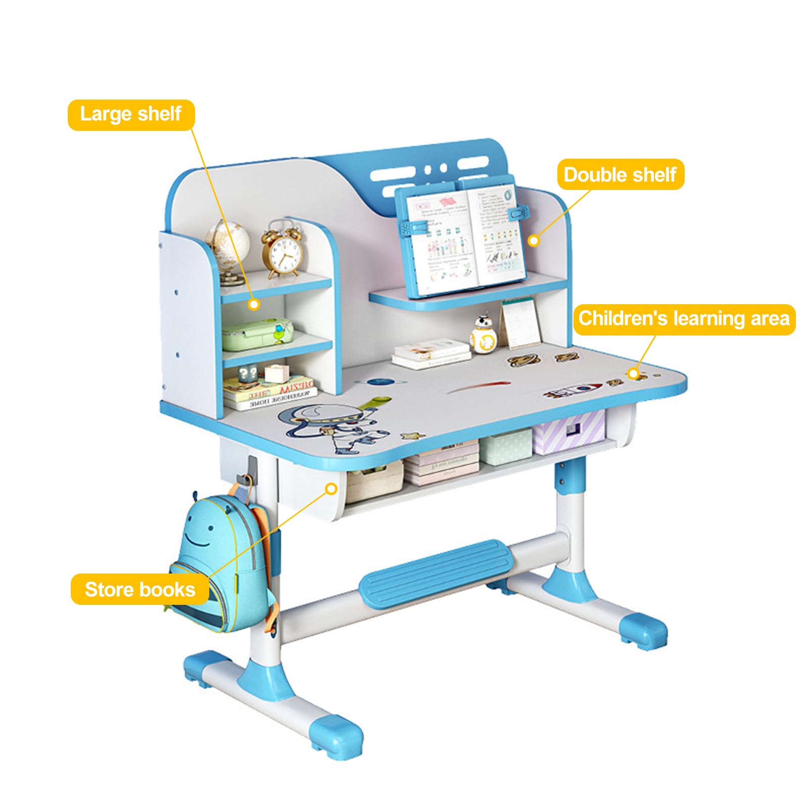 Adjustable Kids Study Desk and Chair Set - Ergonomic Children's School Furniture with Writing Board, Bookshelf & Storage Drawer (Blue) - Perfect for Homework, Online Learning & Bedroom Organization