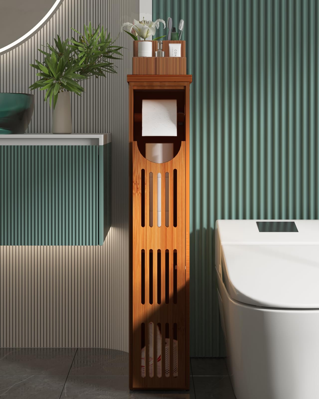 Bamboo Toilet Paper Holder with Storage - Slim Bathroom Cabinet for Small Spaces (33x7.3x6.5