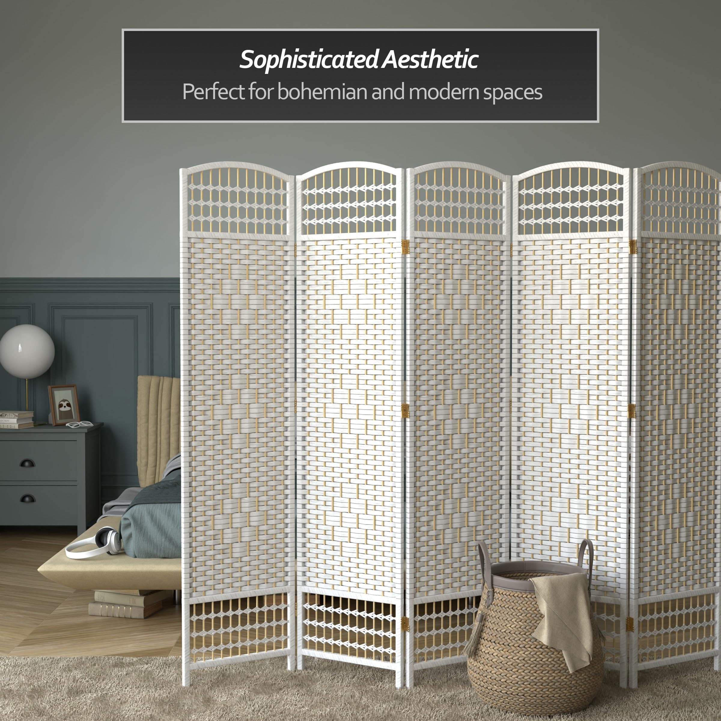 5.5 ft Tall Red Lantern Fiber Weave White 6-Panel Room Divider - Asian Inspired Home Decor for Living Room, Bedroom, or Office Partition