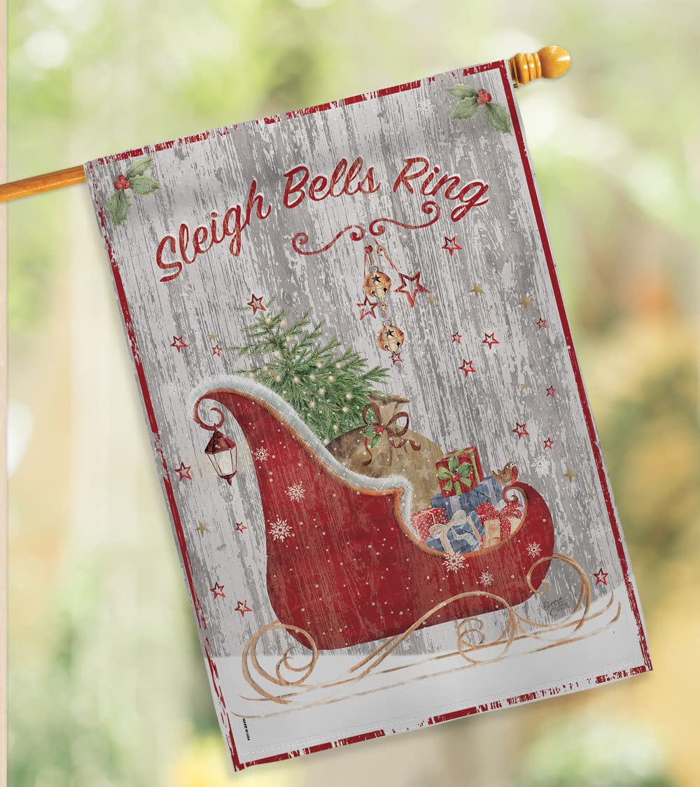 Breeze Decor Christmas Sleigh Bells Flag Set w/Pole - Holiday Yard Decor