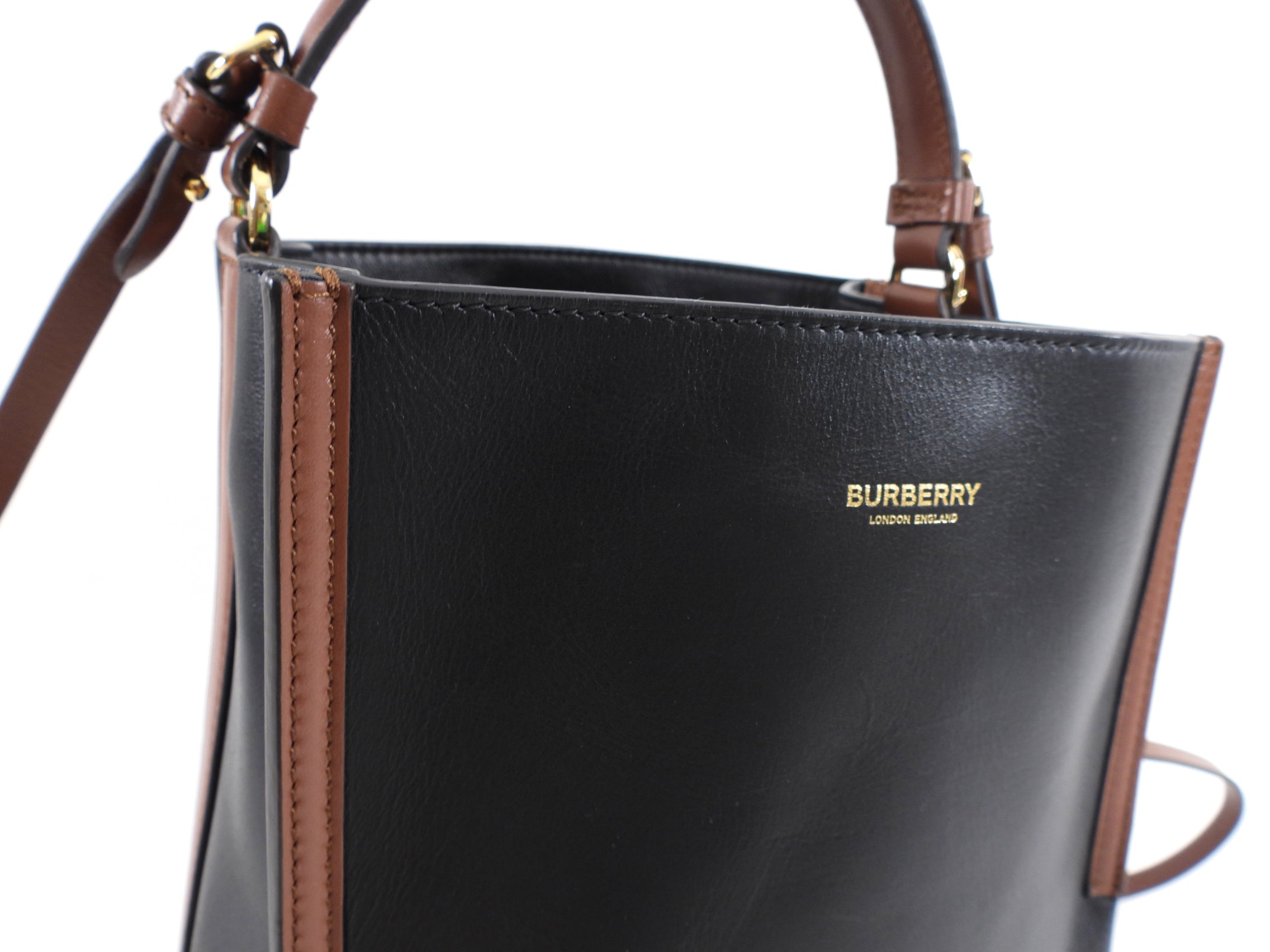 Burberry Black & Brown Leather Small Bucket Bag with Detachable Pouch - Stylish Crossbody Handbag for Women, Perfect for Work, Travel & Everyday Use