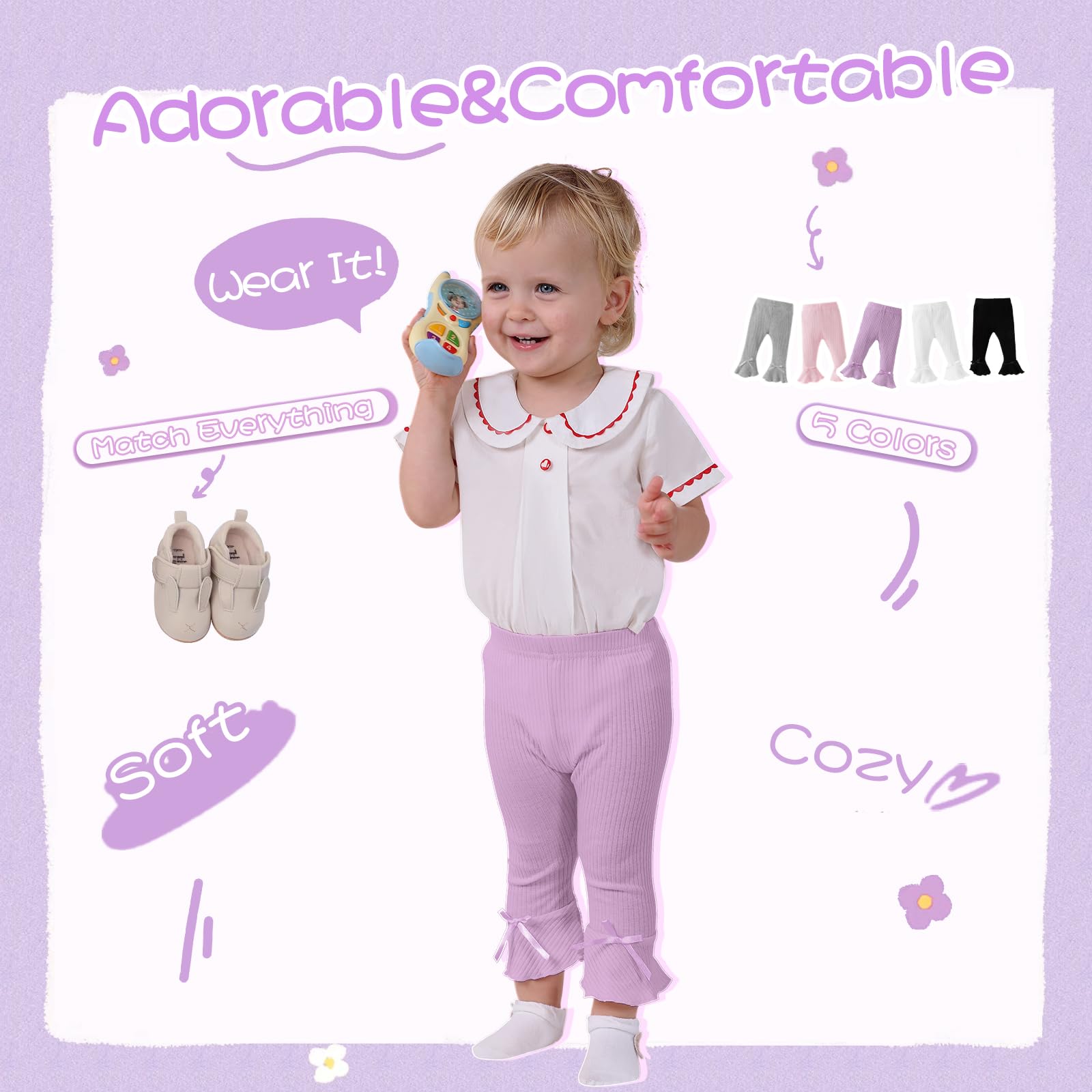 **Soft Ribbed Baby Girl Leggings - 5 Pack Straight & Flare Pants for Newborn Toddler | Bell Bottoms for Infant Girls | Perfect for Playtime, Outfits & Photo Shoots**