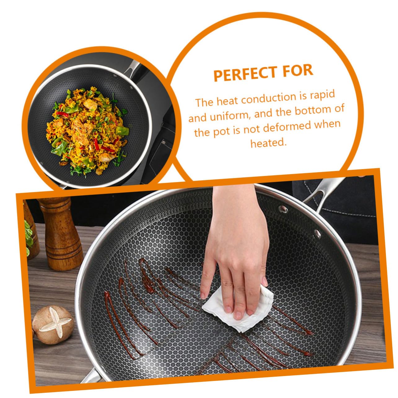 DECHOUS 34cm Stainless Steel Honeycomb Grain Nonstick Wok Pan - Induction, Electric & Gas Stove Safe - Easy Clean BBQ & Stir Fry Cooking Pan for Home Kitchen