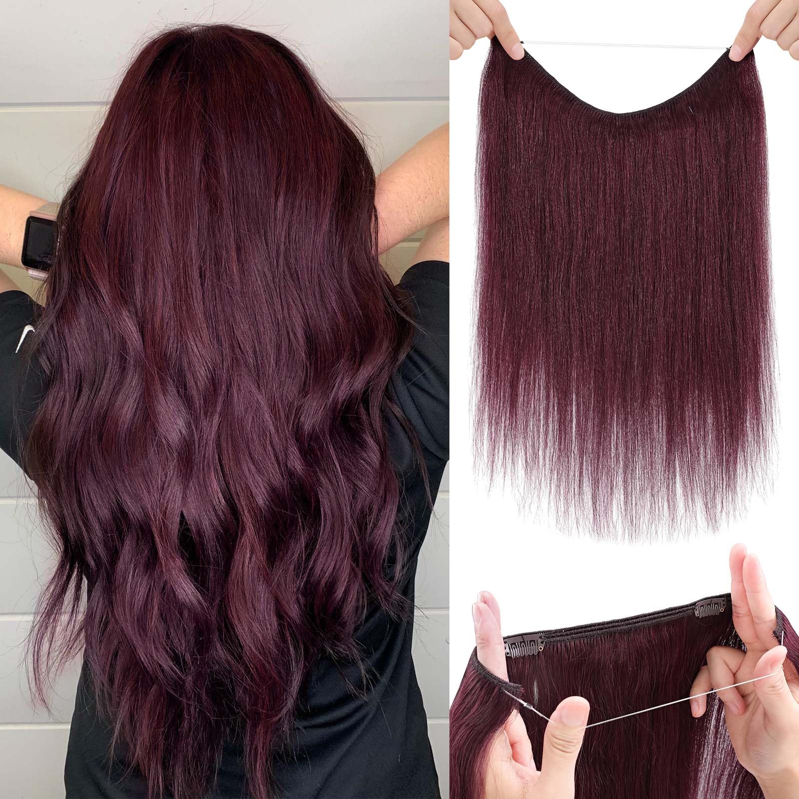 Benehair Halo Hair Extensions 18 Inch - 100% Remy Human Hair with Invisible Wire for Volume & Length - #99J Wine Red - Perfect for Weddings, Parties & Everyday Styling
