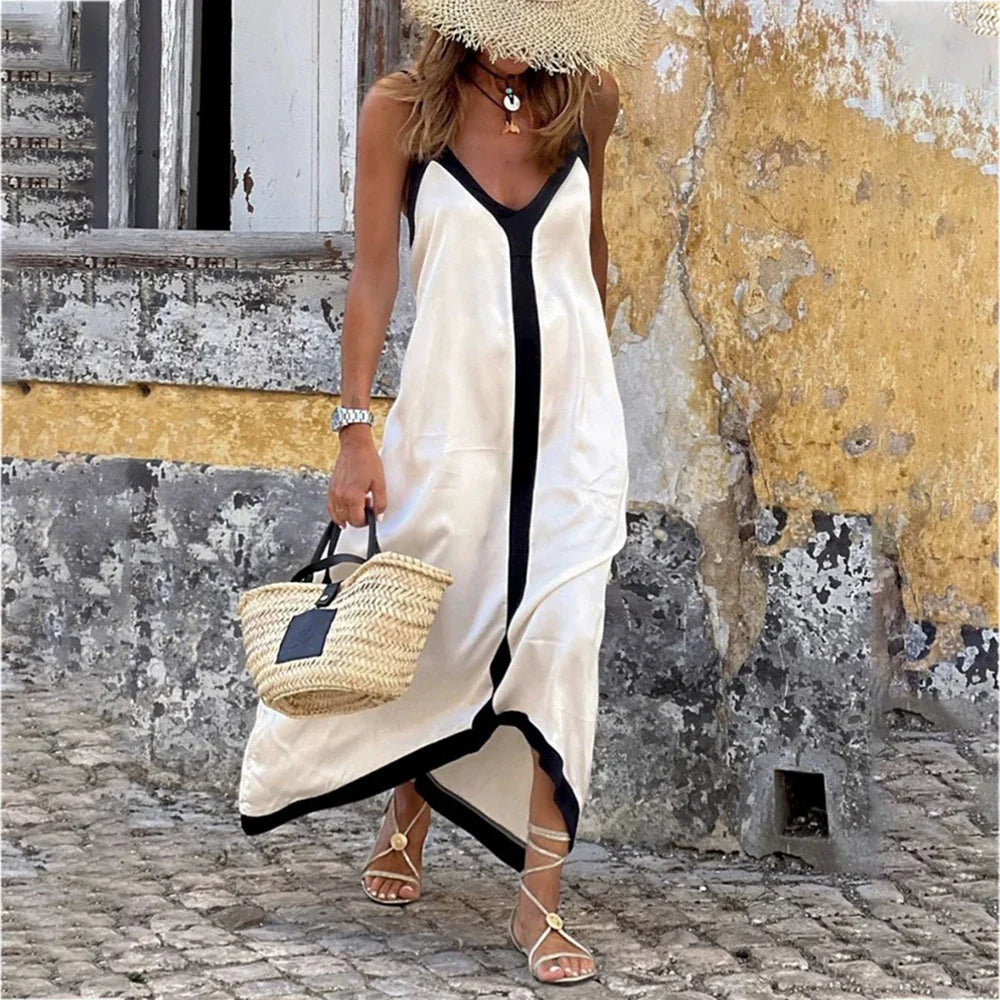 Elegant Black & White V-Neck Maxi Dress - Solid Color Women's Swim Cover Up | Luxury Beachwear for Poolside, Vacation & Summer Outfits