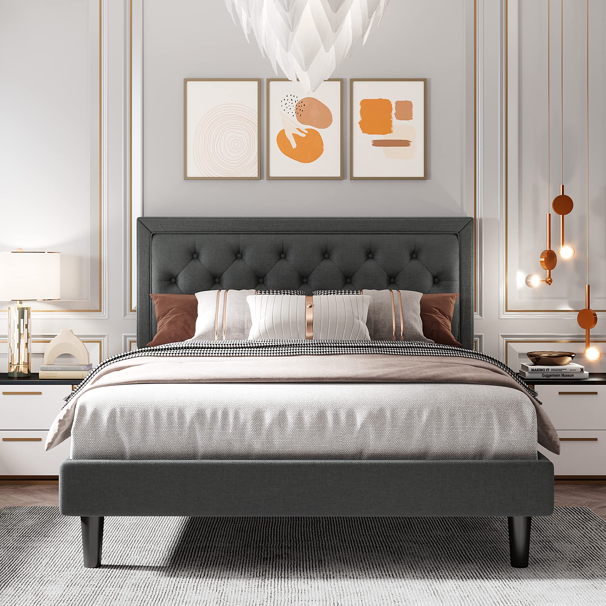 Queen Size Modern Deluxe Platform Bed Frame - Button Tufted Fabric Upholstered Bed with Adjustable Headboard, Sturdy Wood Slat Support & Easy Assembly (Dark Grey) | Perfect for Master Bedrooms, Guest Rooms & Small Apartments