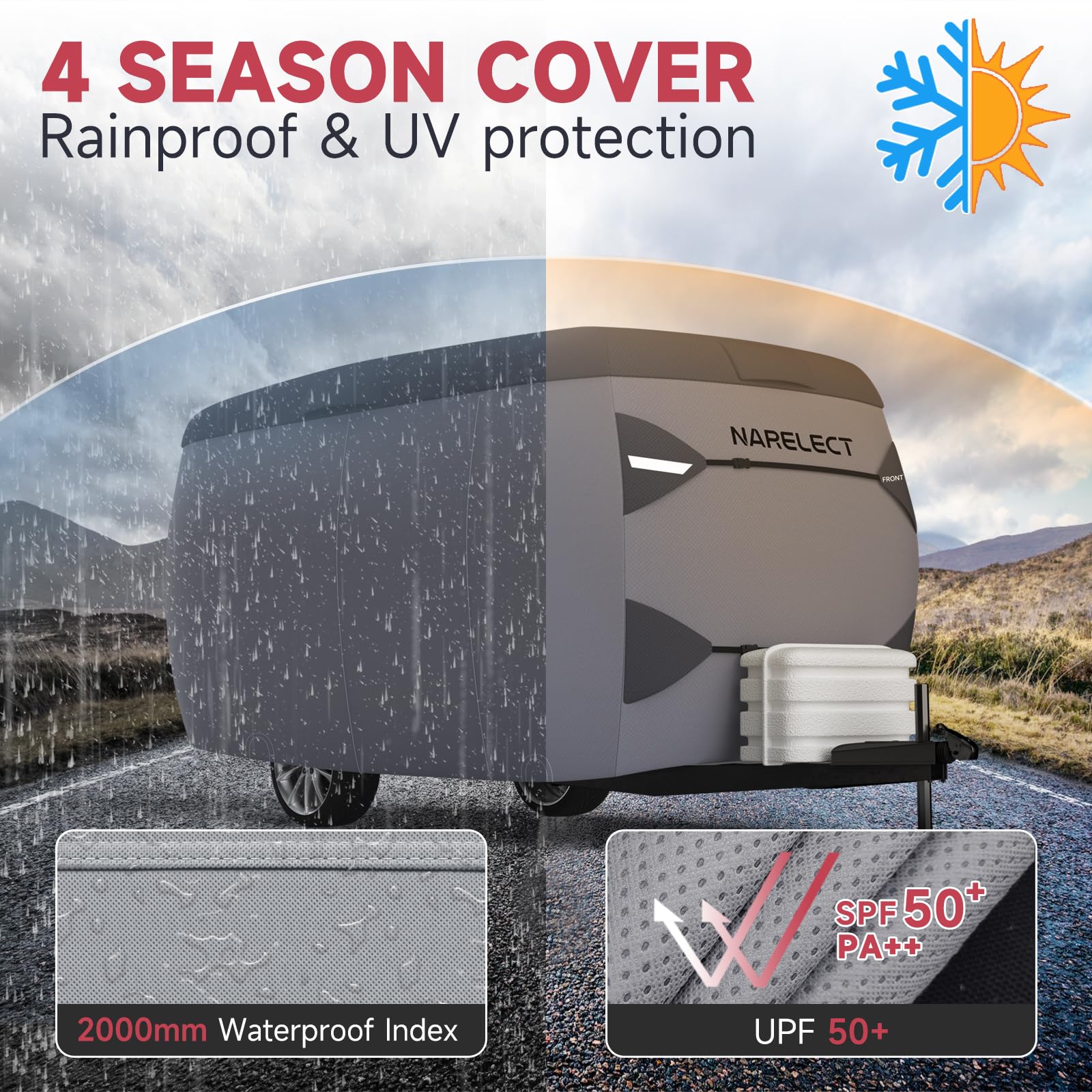 Upgraded Waterproof Fiberglass Travel Trailer Cover - 8'-10' Fit, Windproof Straps & 7-Layer UV Protection for Camping & Outdoor Storage
