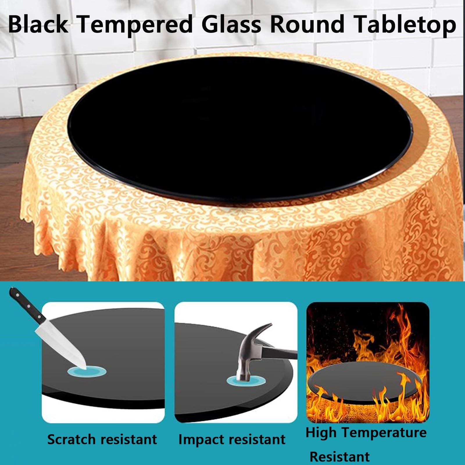 38cm-100cm Round Black Tempered Glass Table Top - Durable Replacement for Dining, Coffee, Side Tables - Perfect for Patio, Living Room & Office Decor (68cm/27inch)