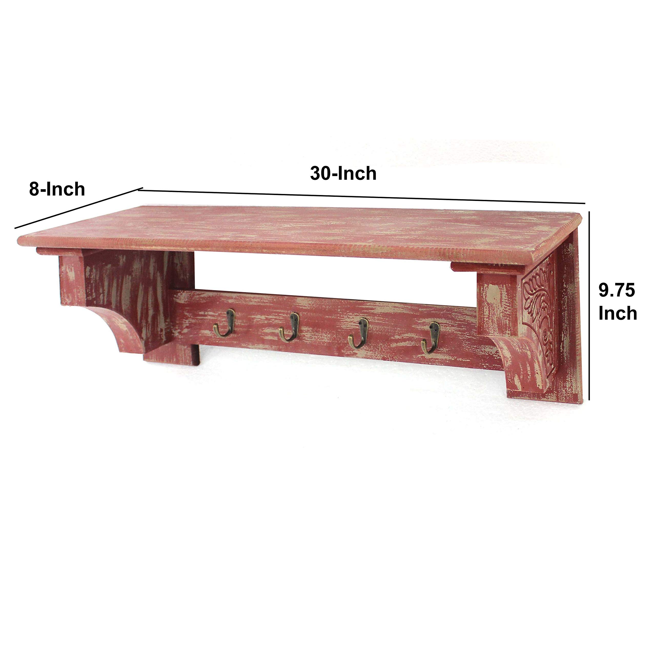 Benjara Red Wooden Wall Shelf with 4 Hooks & Carved Side Frames - Rustic Home Decor for Living Room, Bedroom, Bathroom or Entryway Storage & Organization