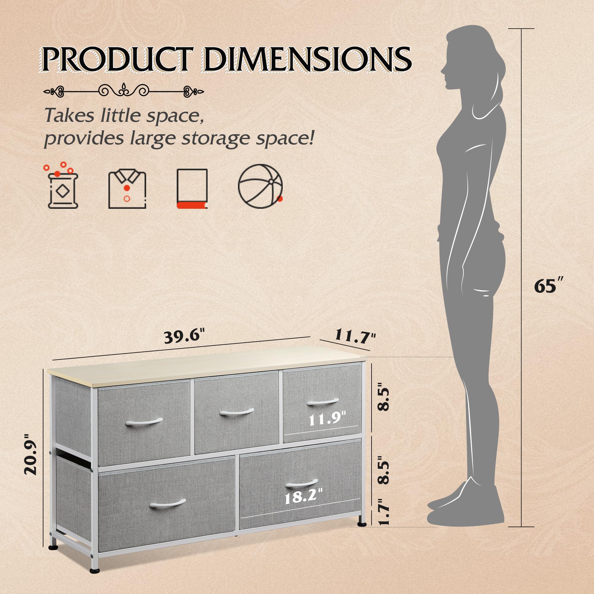 5-Drawer Fabric Dresser for Bedroom - Light Grey Storage Organizer with Fabric Bins, Wide Chest of Drawers for Closet, Living Room & Hallway | Perfect for Small Space Organization & Home Decor