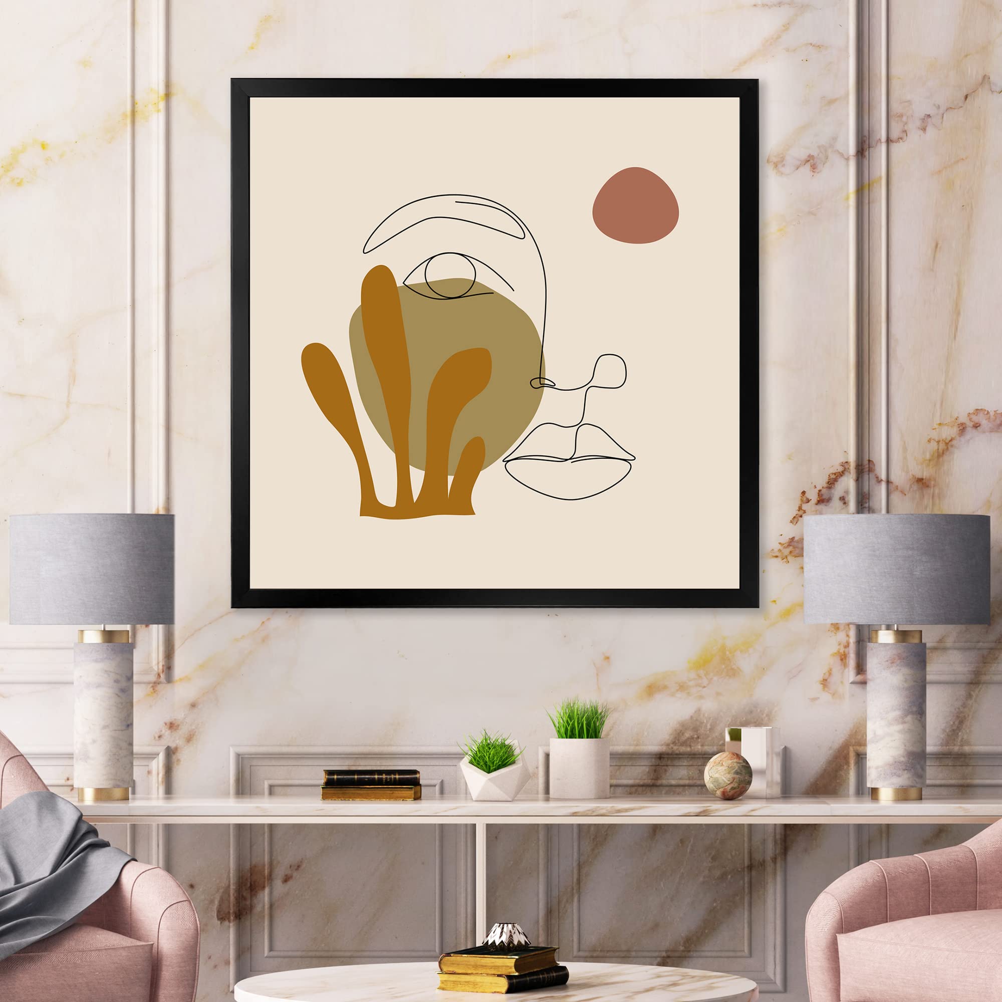 One Line Art Portrait of Woman in Terracotta Tones - Modern Framed Wall Art for Living Room, Bedroom & Office Decor - Minimalist Home Decor Gift Idea