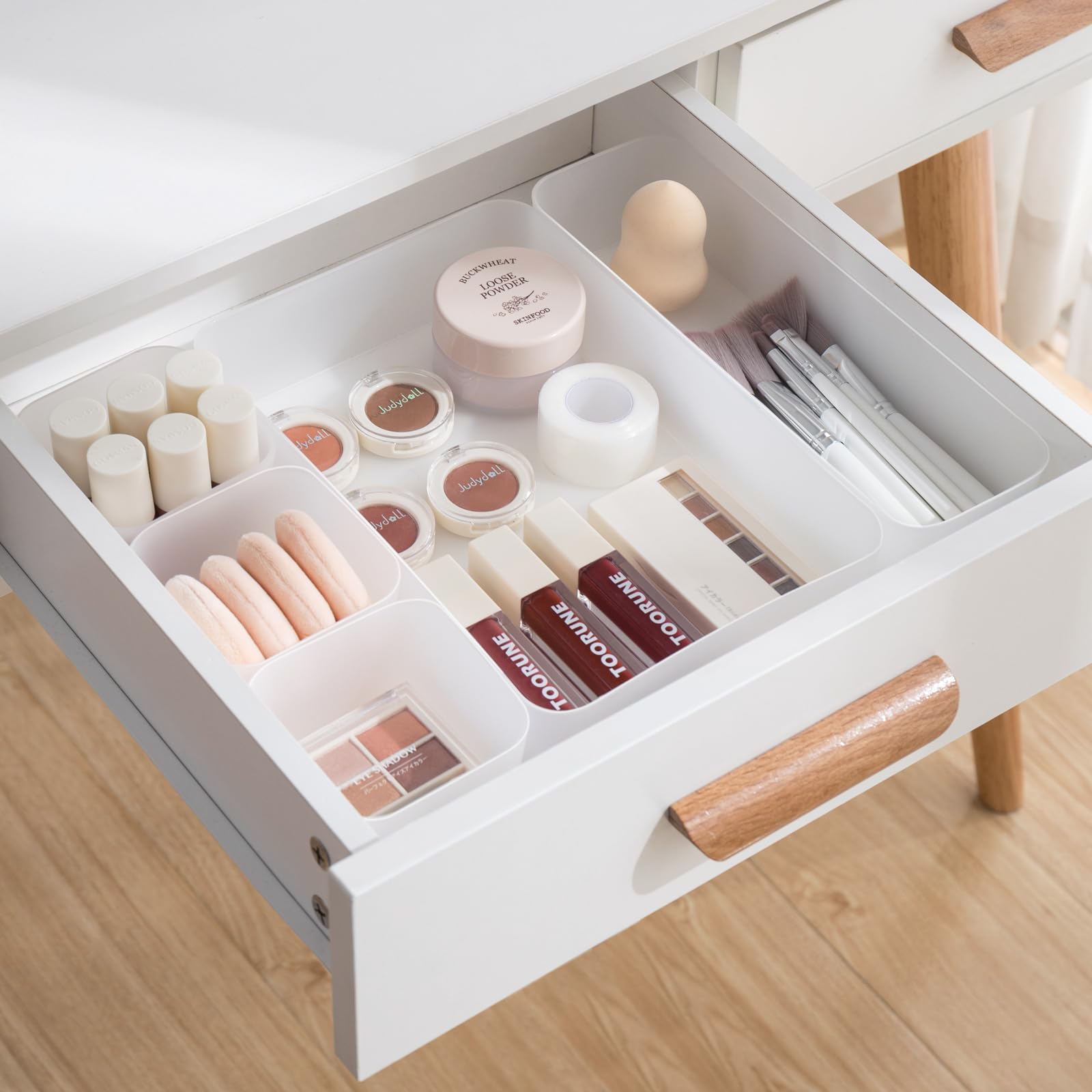 Poeland 5-Piece Clear Drawer Organizer Set - Plastic Storage Trays for Bedroom Dresser, Bathroom & Kitchen Organization - Frosted Compartments for Jewelry, Makeup, Utensils & Office Supplies