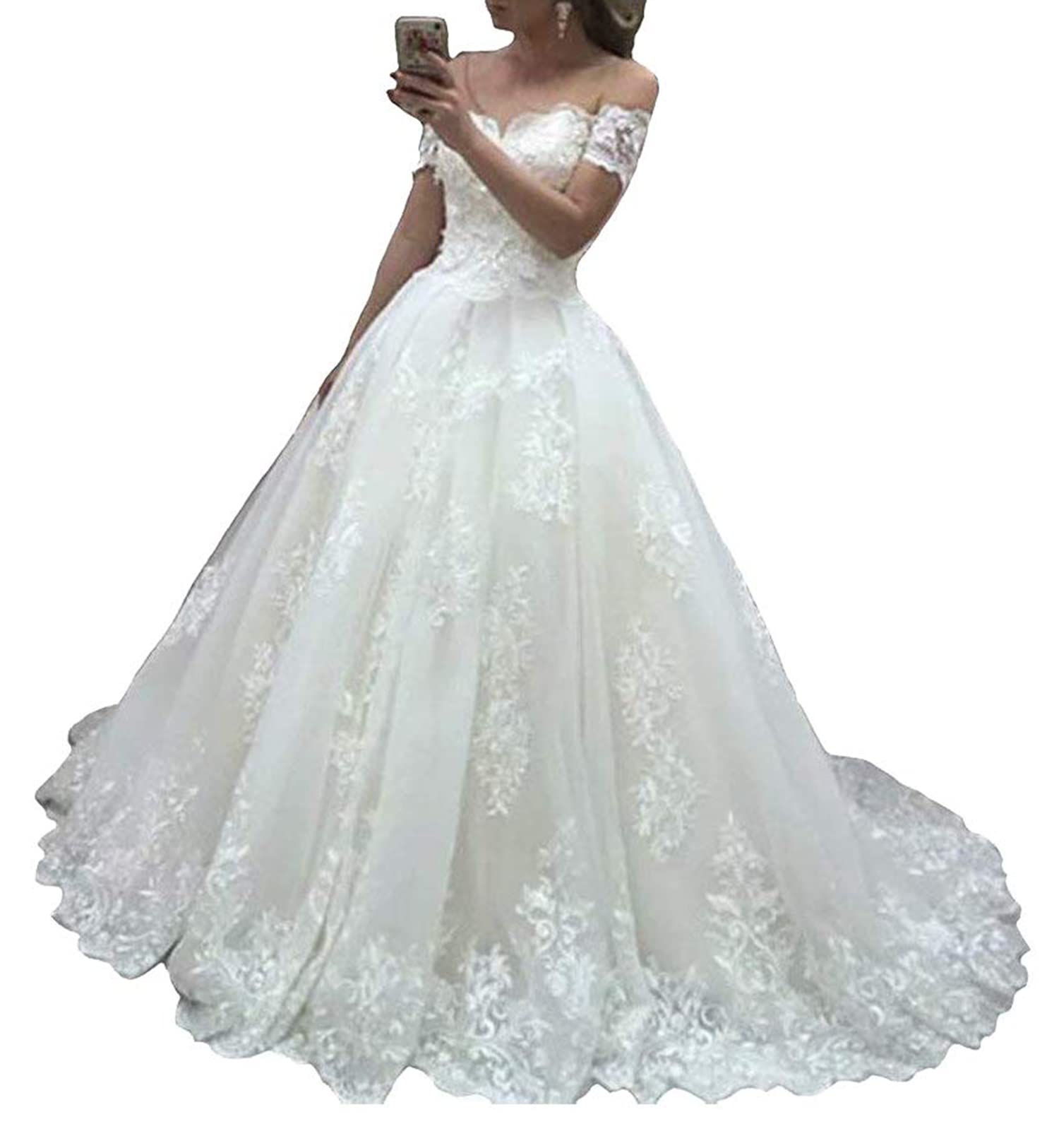 Elegant A-Line Off The Shoulder Lace Wedding Dress for Bride - Plus Size Ivory White Bridal Gown for Church Ceremony & Beach Weddings