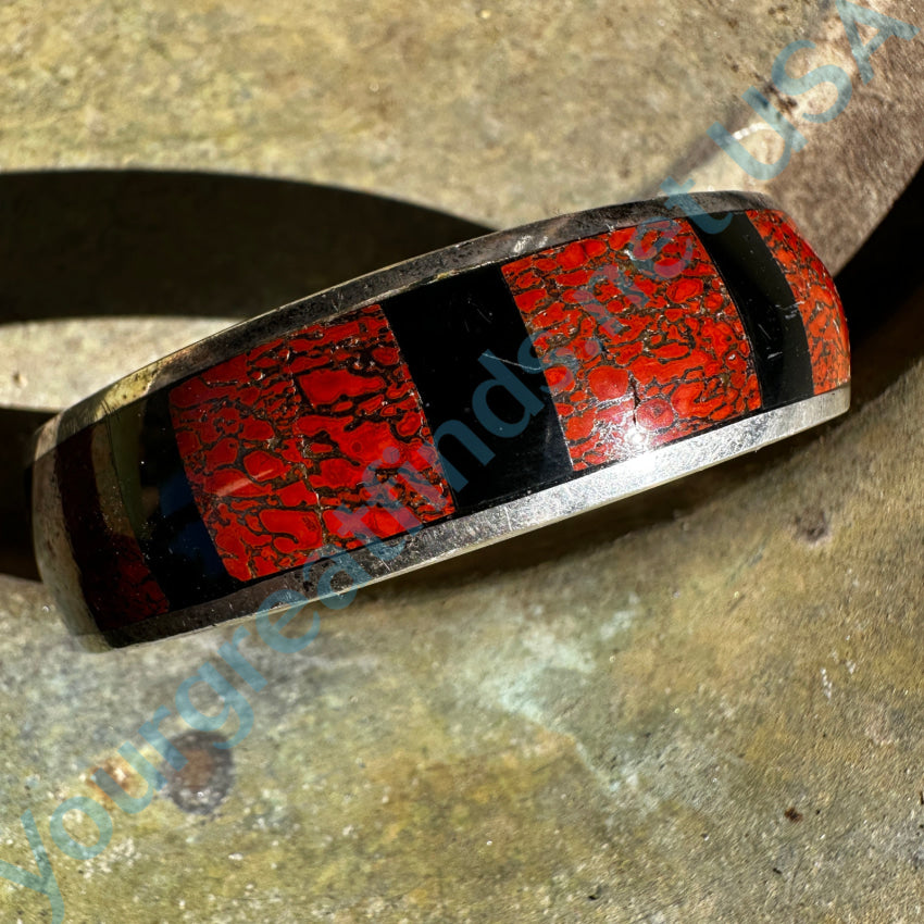 Vintage Navajo Jet & Red Dinosaur Bone Channel Inlay Sterling Silver Bracelet - Handmade Native American Jewelry for Women - Perfect for Boho Fashion, Gift Giving & Special Occasions