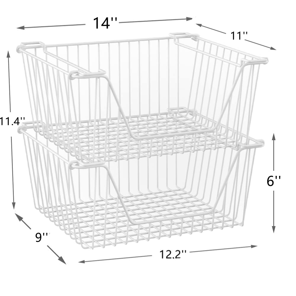 Stackable Metal Wire Baskets for Kitchen & Pantry Organization - Large Capacity Freezer Bins for Fruits, Vegetables & Snacks - Space-Saving Storage Solution for Cabinets & Shelves - White Set of 4 - Perfect for Home, Office & Restaurant Use