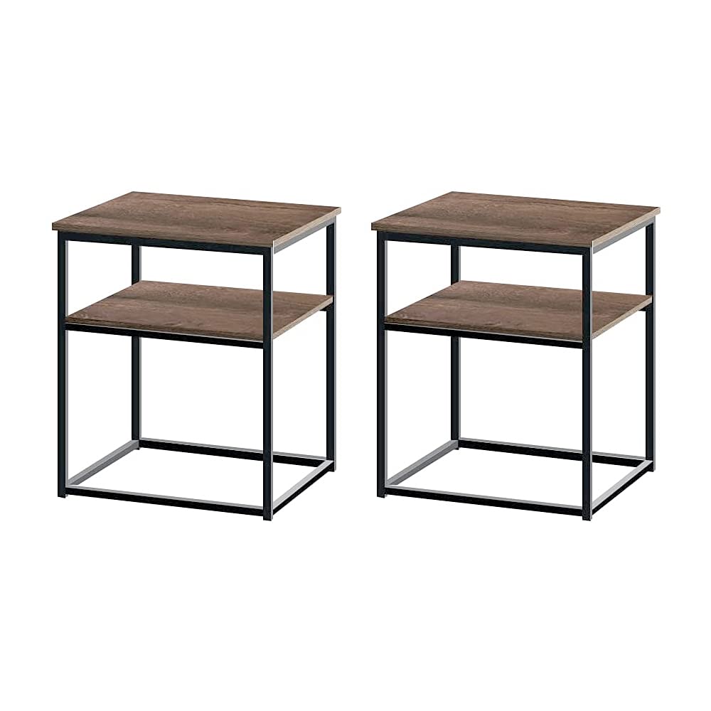 2-Tier Industrial Coral Flower Nightstands Set of 2 - Dark Oak Side Tables with Sturdy Metal Frame for Bedroom, Living Room & Balcony | Space-Saving End Tables for Small Apartments & Cozy Home Decor