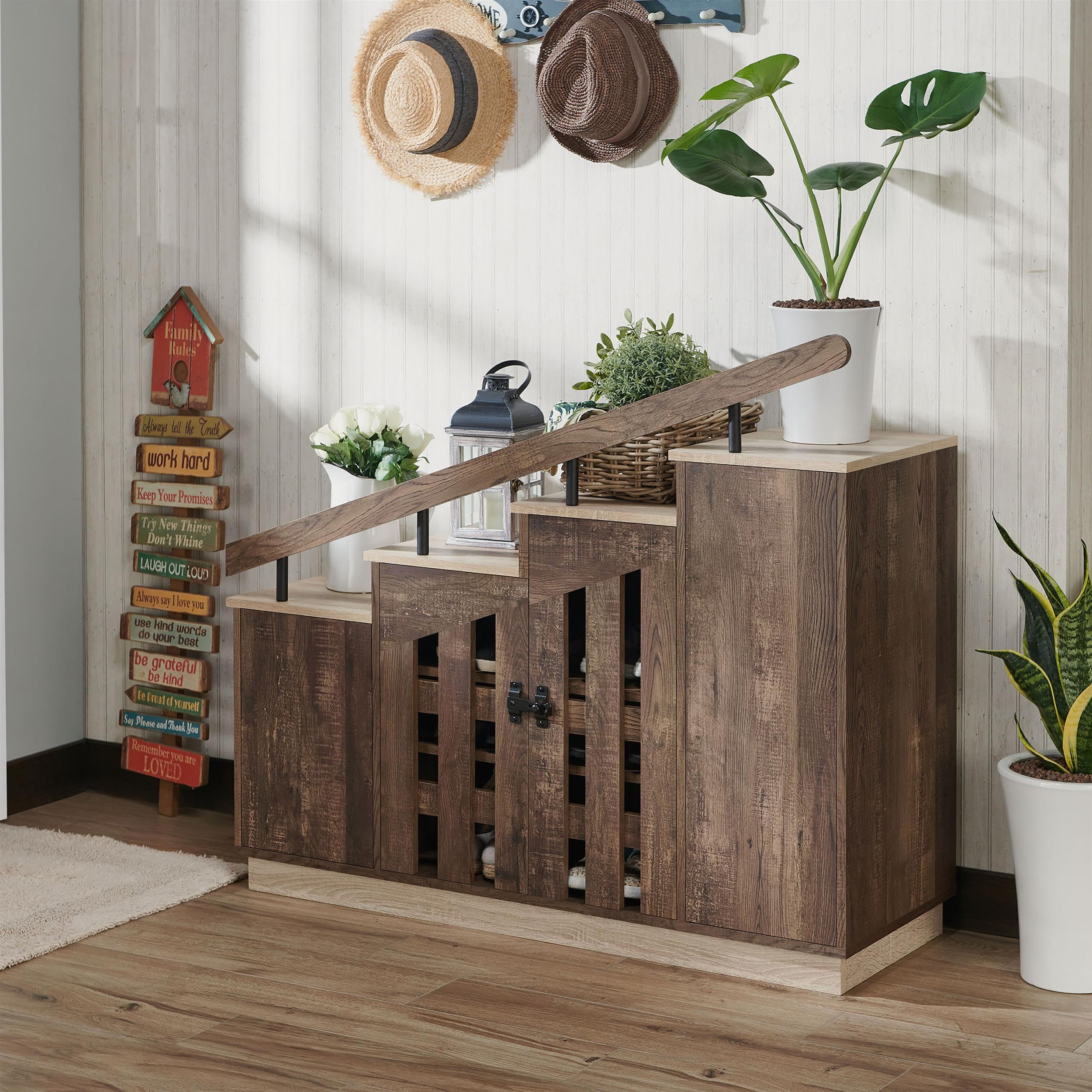 Furniture of America Barstead Wood Staircase Shoe Cabinet in Reclaimed Oak - Space Saving Entryway Storage for Small Homes & Apartments