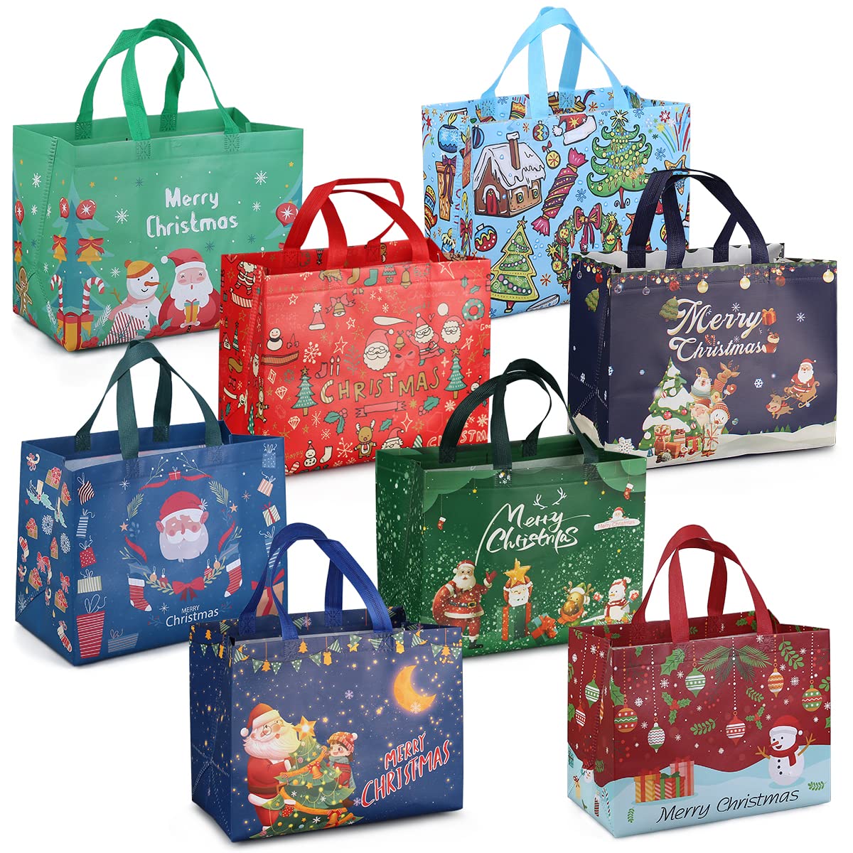 8PCS Christmas Gift Bags with Handles - Festive Holiday Tote Bags for Gift Wrapping, Treats & Shopping - Durable Non-Woven Xmas Party Supplies for Home, Office & School Celebrations