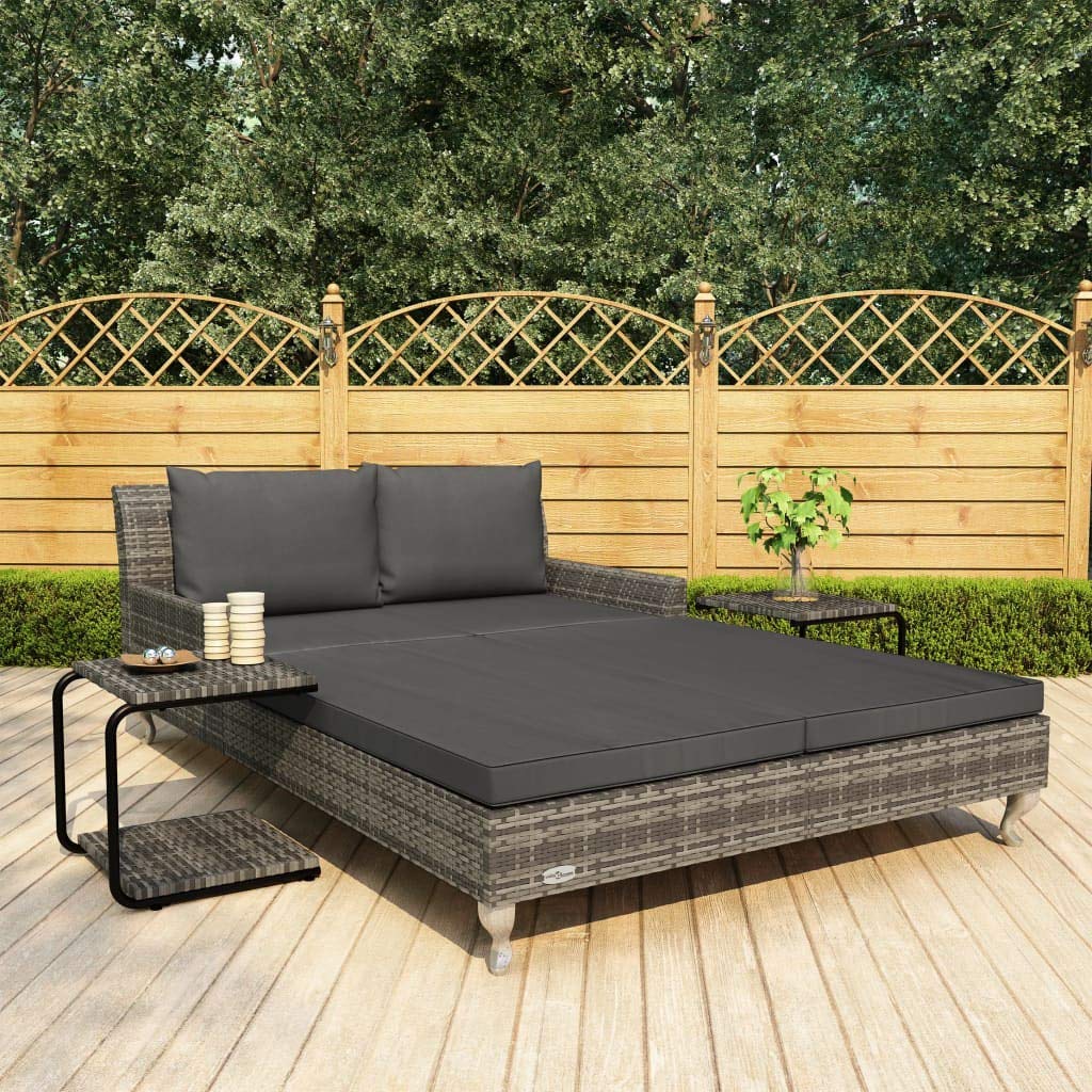 2-Person Outdoor Daybed with Cushions & Side Tables - Gray Poly Rattan Lounge Bed for Pool, Garden, Patio - Perfect for Sunbathing, Relaxing & Outdoor Lounging