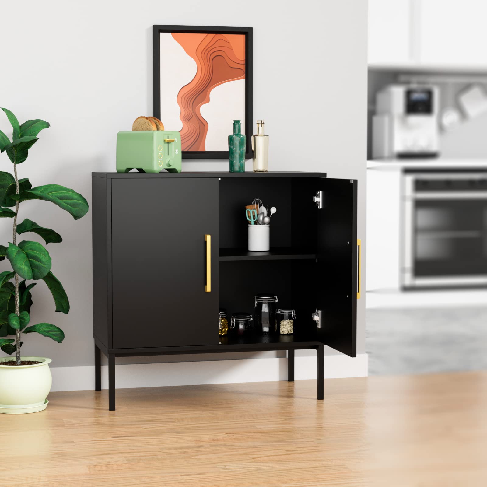 CARPETNAL 2-Piece Accent Storage Cabinet Set with Doors & Adjustable Shelves - Freestanding Buffet Sideboard for Living Room, Dining Room, Kitchen, Hallway - Modern Home Organization Furniture (Black) | Perfect for Displaying Decor, Storing Dishes & Creating Extra Counter Space