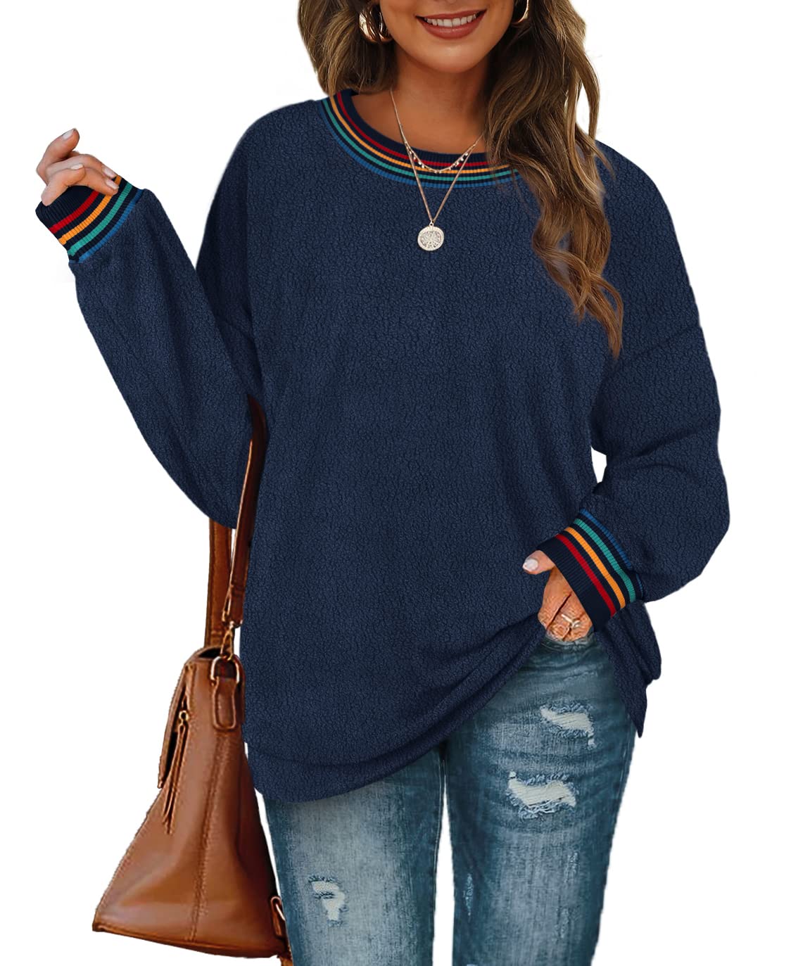 Aokosor Women's Fuzzy Sweater - Soft Crewneck Rainbow Striped Sweatshirt for Women | Cozy Winter Pullover, Casual Outfit & Holiday Gift Idea