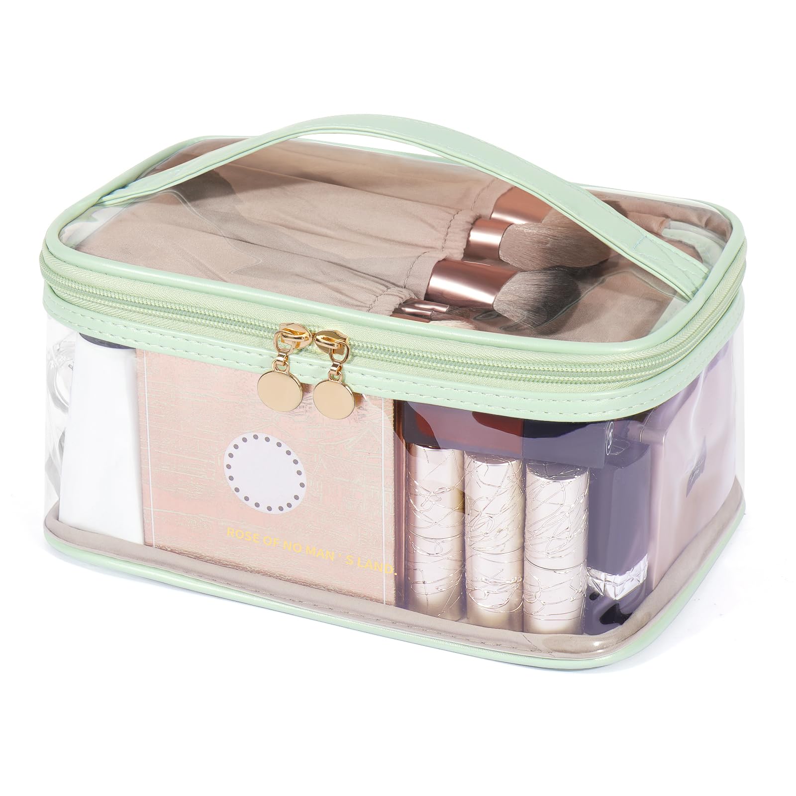 Waterproof Clear Makeup Bag for Women - TSA Approved Travel Cosmetic Organizer with Handle | Portable Toiletry Bag for Cosmetics, Skincare & Travel Essentials | Perfect for Airports, Gym & Weekend Getaways (Green)