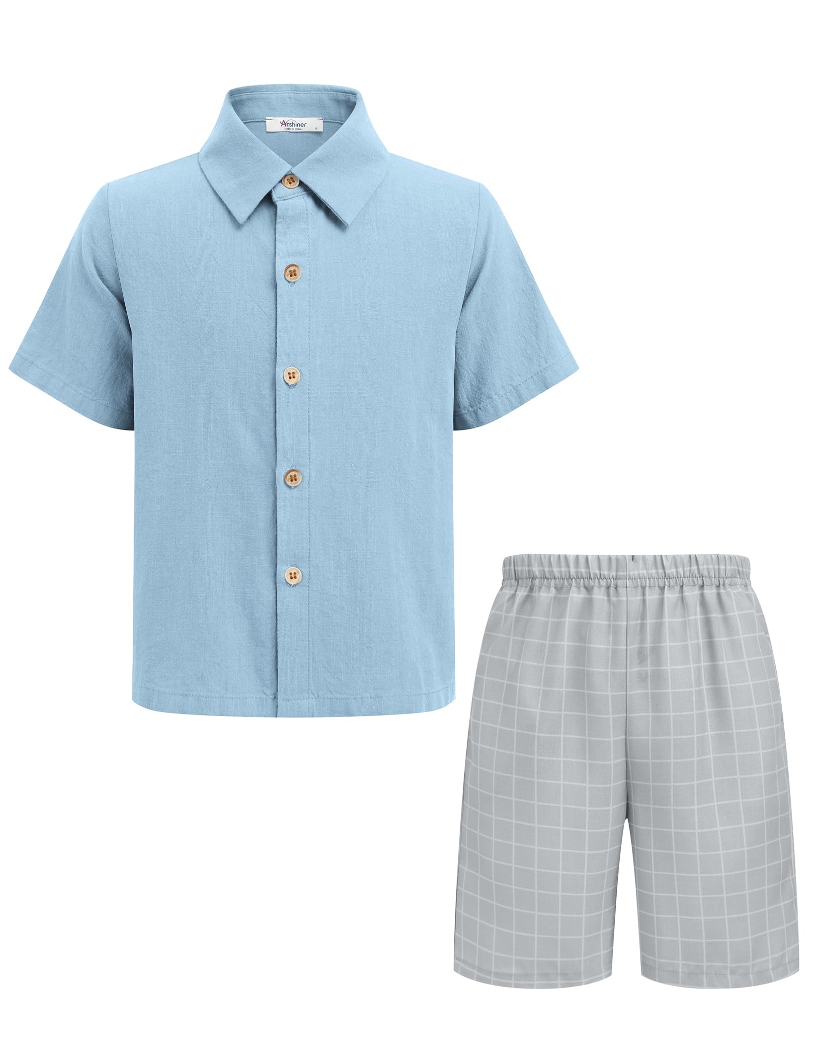 Arshiner Boys Cotton Linen Shorts Set - Button Down Shirt & Shorts with Bucket Hat | Summer Beach Hawaiian Outfit for Kids | Size 6-16 | Perfect for Vacation, Pool Party & Outdoor Adventures