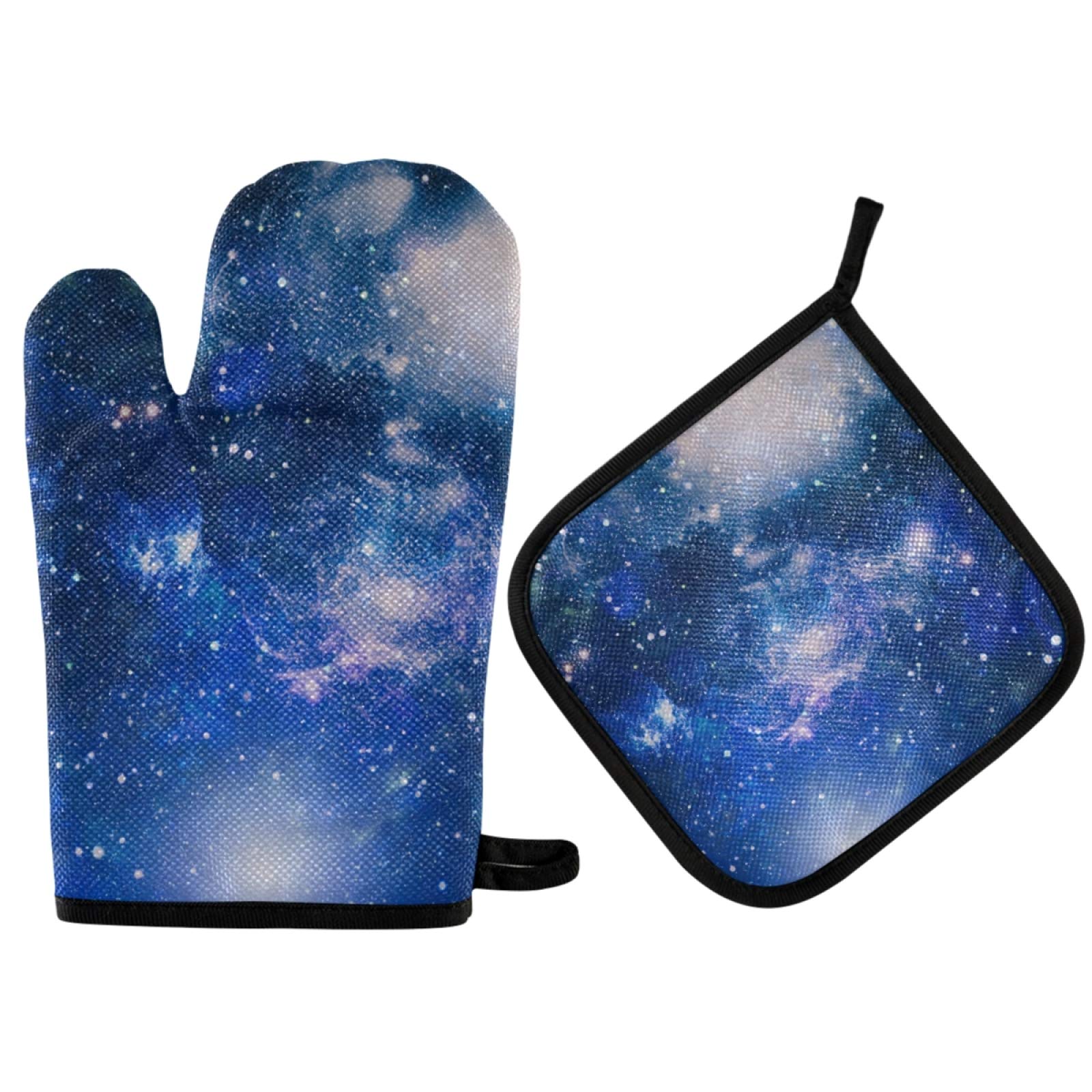 Blue Nebula Space Galaxy Oven Mitts & Pot Holders Set - Heat Resistant Kitchen Gloves & Starry Night Hot Pads for Cooking, Baking, BBQ - Perfect for Home Kitchen & Outdoor Grilling