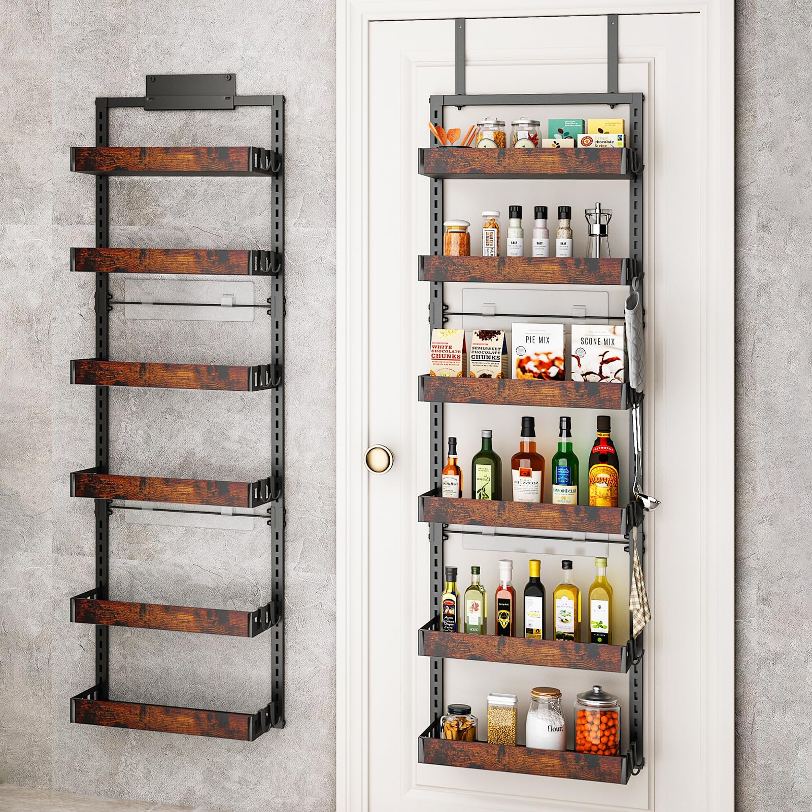6-Tier Over the Door Pantry Organizer - Adjustable Wooden Basket Kitchen Storage with Heavy-Duty Metal Hooks (17.71