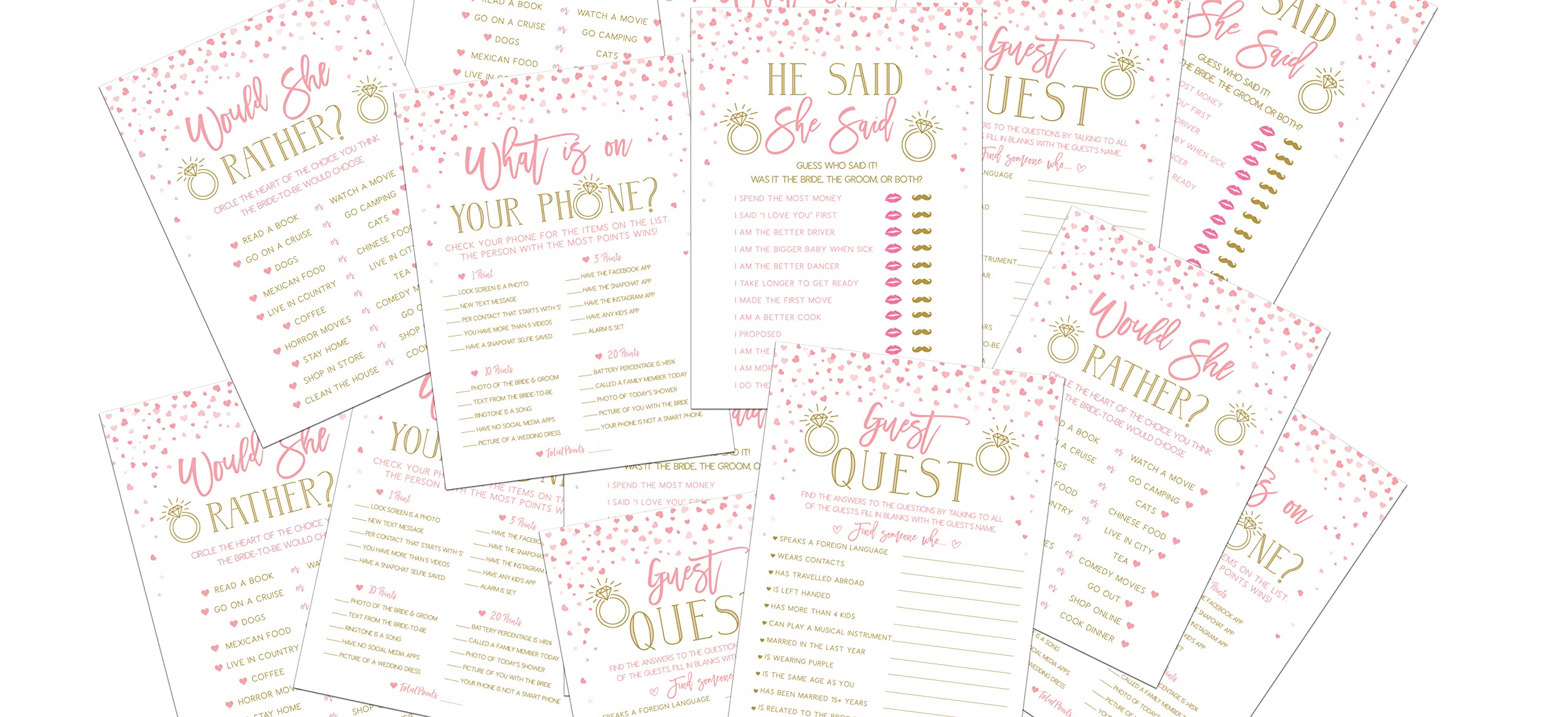 25 Fun Bridal Shower & Bachelorette Party Games Set - Pink & Gold Heart Themed - Includes He Said She Said, Find The Guest, Would She Rather & What's In Your Phone - Double-Sided Printed Cards - Perfect for Wedding Showers, Girls Night & Bachelorette Party Activities