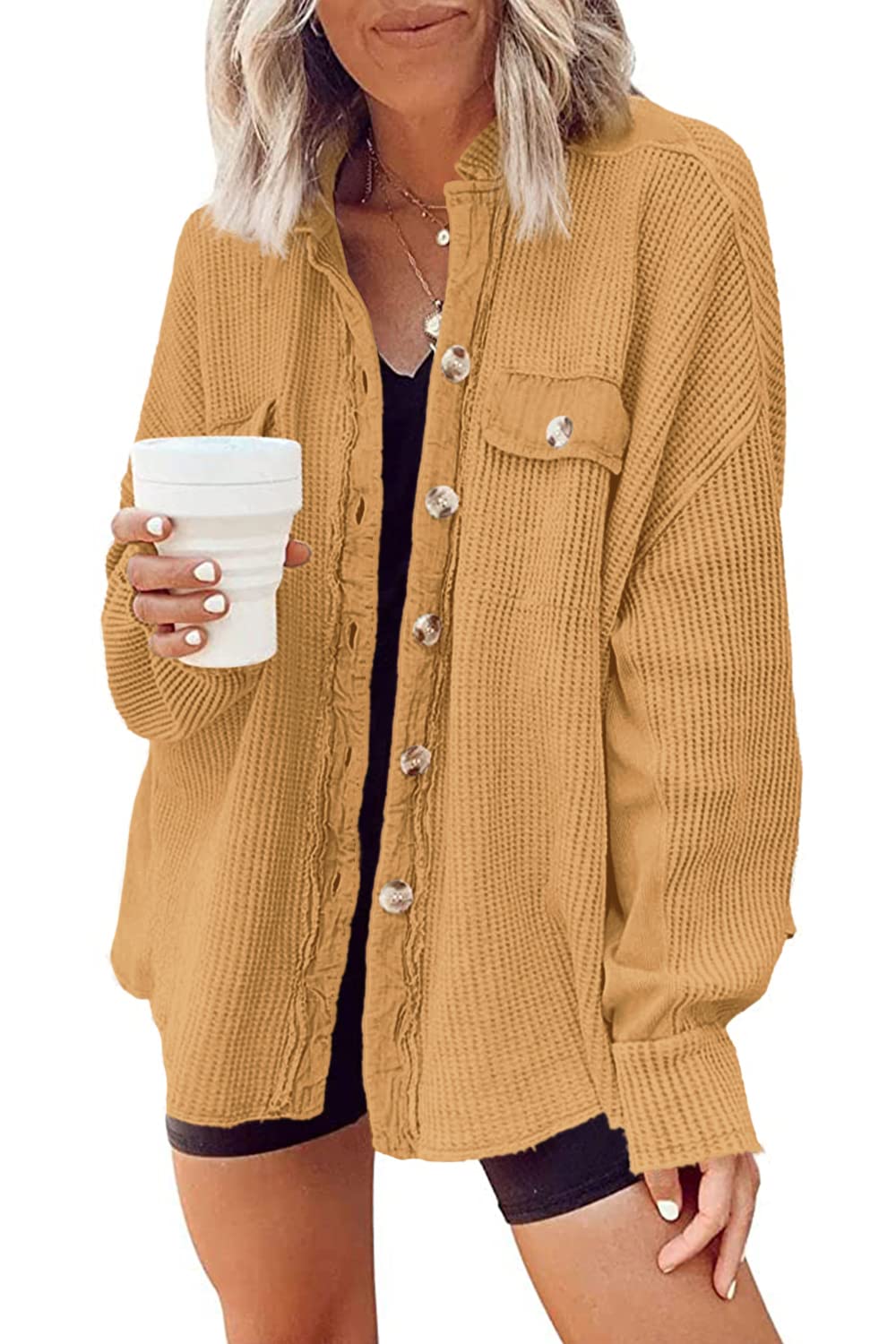 Yanekop Women's Waffle Knit Button Down Shirt Jacket - Oversized Long Sleeve Shacket for Casual & Trendy Outfits 2025 | Perfect for Fall Layering, Weekend Brunch & Street Style Fashion