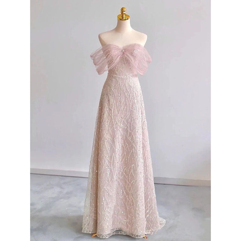 Elegant Off Shoulder Pink Prom Dress with Sequins - Princess Formal Party Gown for Homecoming, Quinceañera & Evening Events