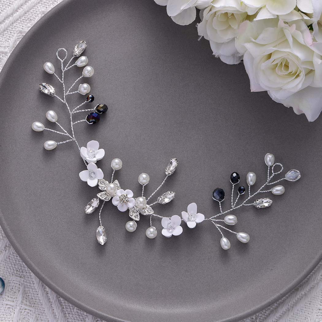 Silver Flower Bridal Hair Vine with Pearls for Wedding & Parties