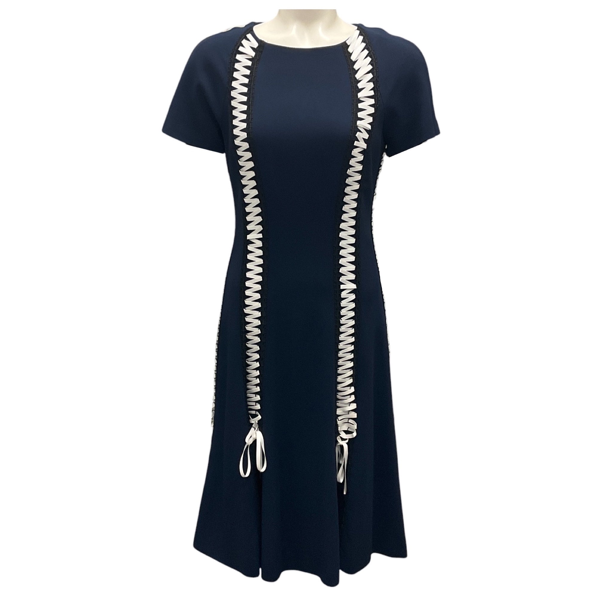 Jonathan Simkhai Navy & White Lace-Up Detail Flared Short Sleeve Dress - Perfect for Summer Parties & Beach Weddings