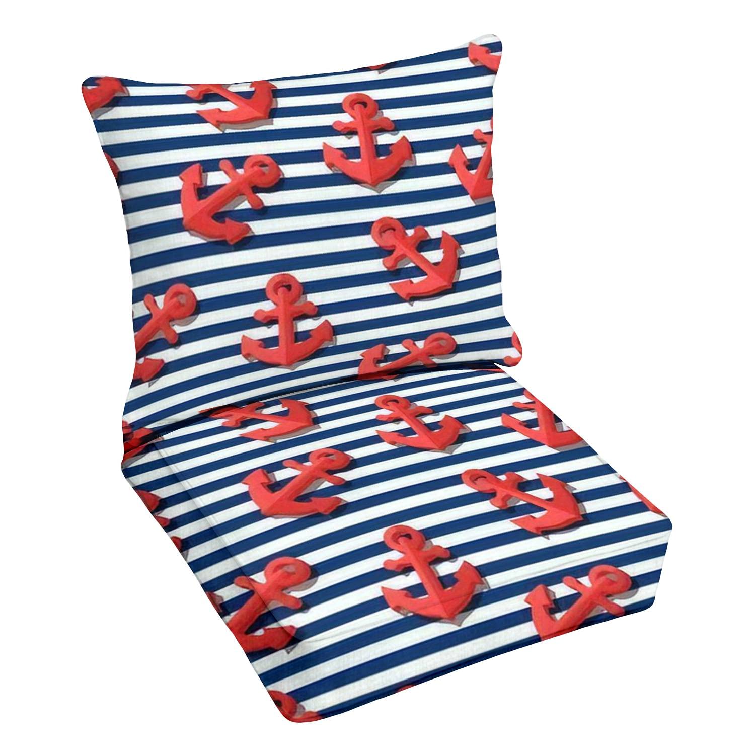 Premium Outdoor Deep Seating Cushion Set - 3D Stylized Red Anchors & Navy Stripes - Waterproof Patio Furniture Replacement Cushions for Lounge Chairs - Perfect for Summer Conversations, Poolside Relaxation, and Backyard Lounging